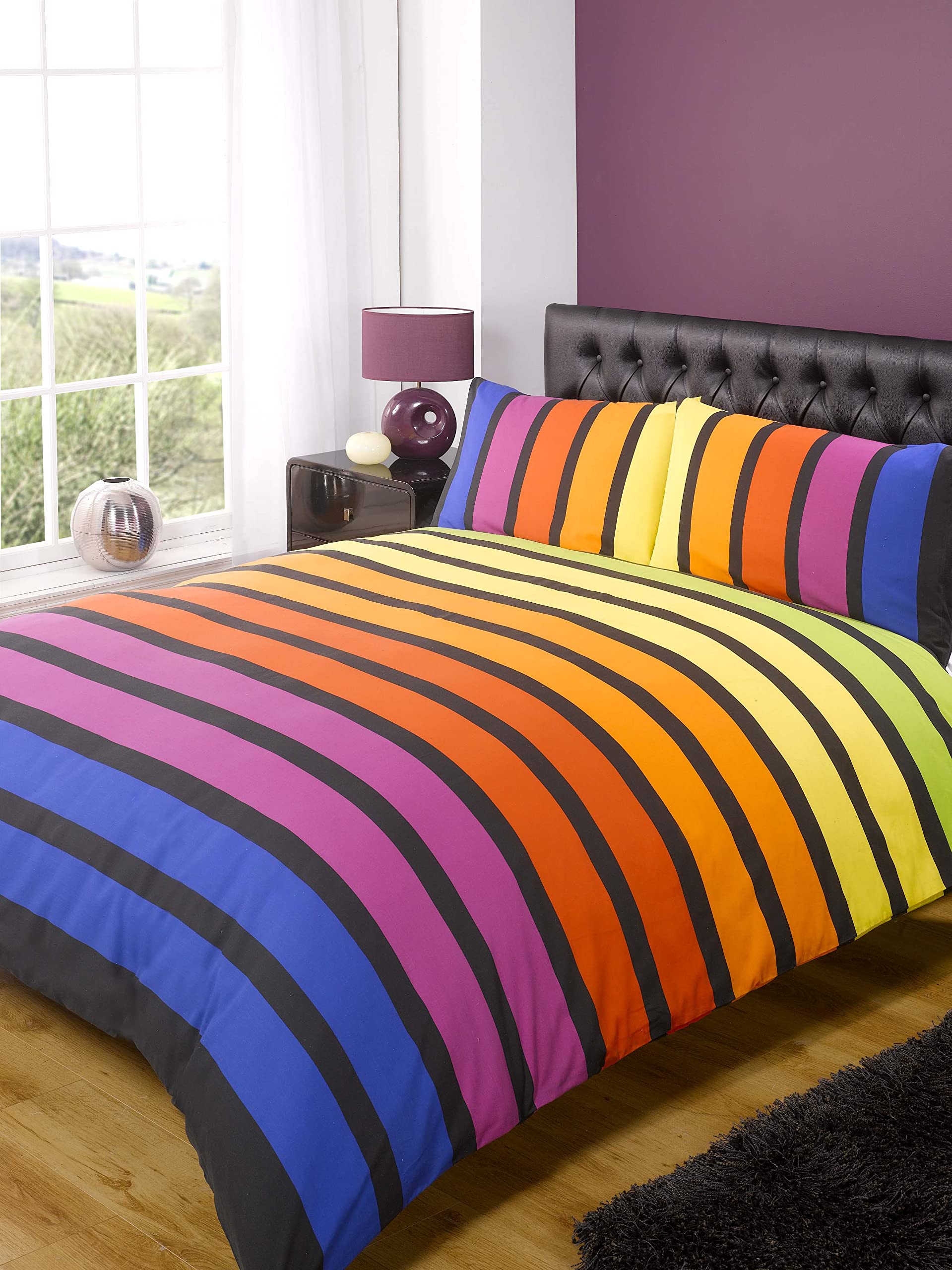 Rapport SoHo Multi Stripe Duvet Cover Quilt Bedding Set, Blue Purple Orange Yellow Green, Double Size - Bedroom Bed Linen