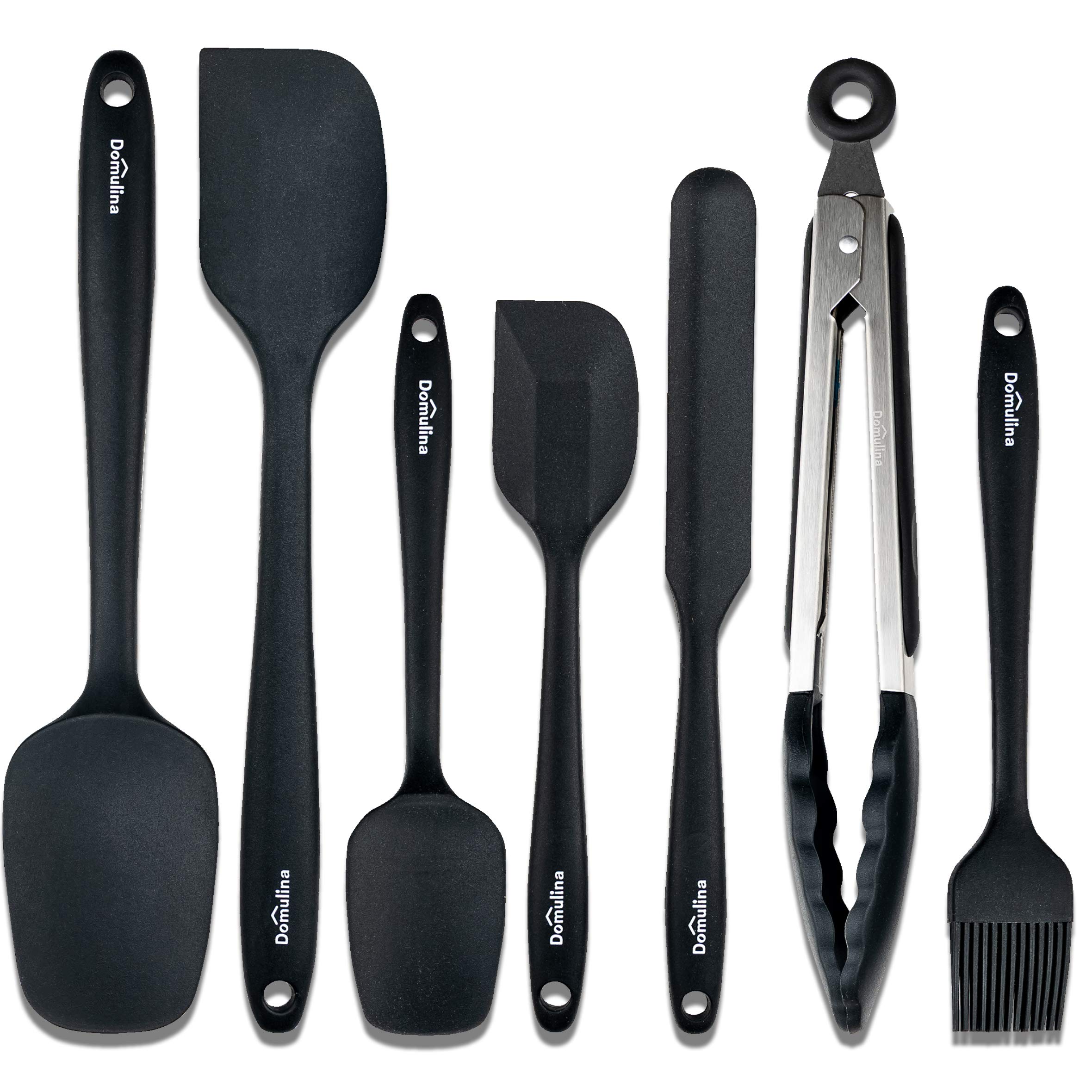 Domulina - Silicone spatula set, 500°F Heat resistant kitchen utensils for cooking, baking, scraping, mixing with tong - Black - Non-toxic