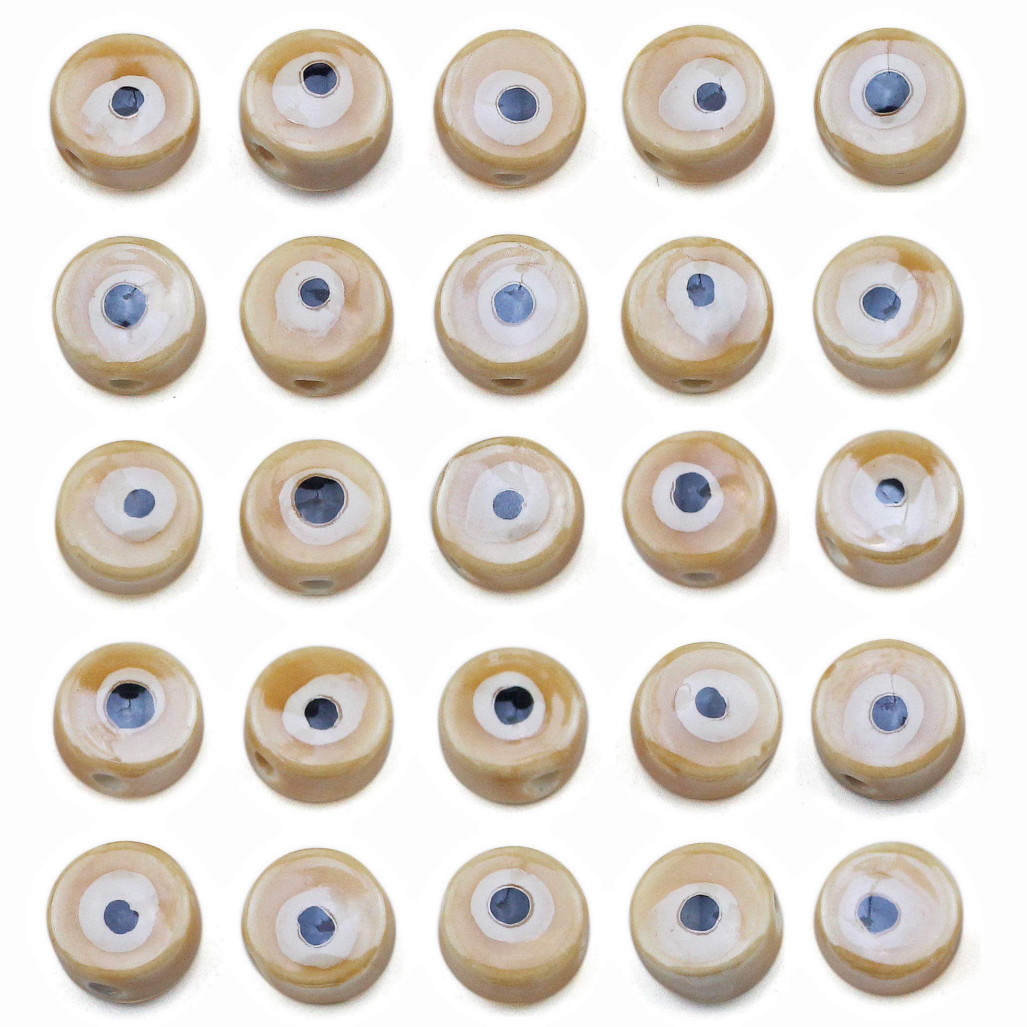 COIRIS 28pcs Evil Eye Glazed Ceramic Beads 11mm Diameter 6.5mm Thickness Flat Round Spacer Light Brown Beads Handmade Porcelain Beads for Jewelry Necklace Bracelet Earring Making(GB-TC-Light Brown)