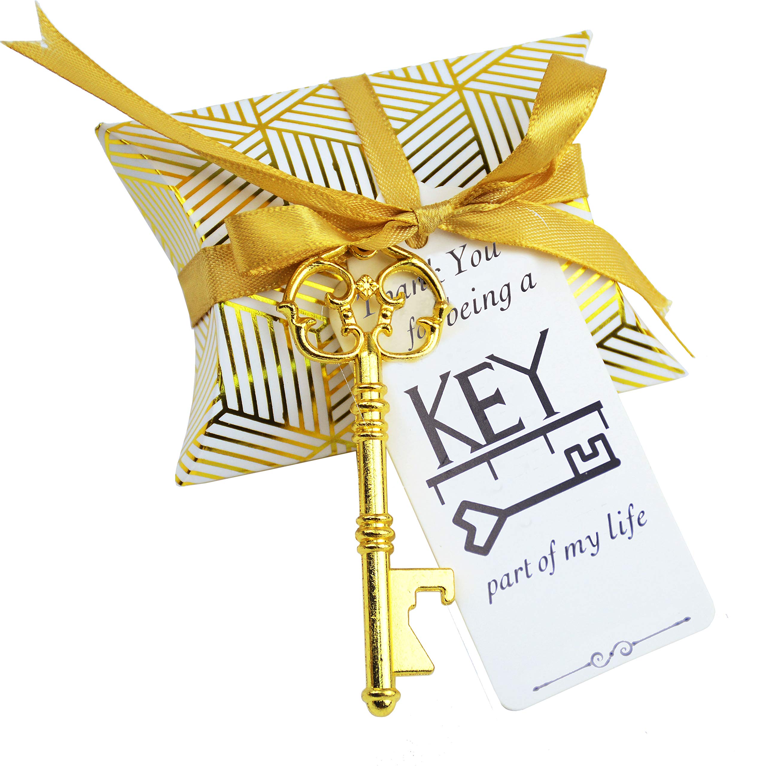 Makhry 50pcs Wedding Favor Souvenir Gift Set Pillow Candy Box Vintage Skeleton Key Bottle Openers Escort Thank You Tag French Ribbon (Gold B)