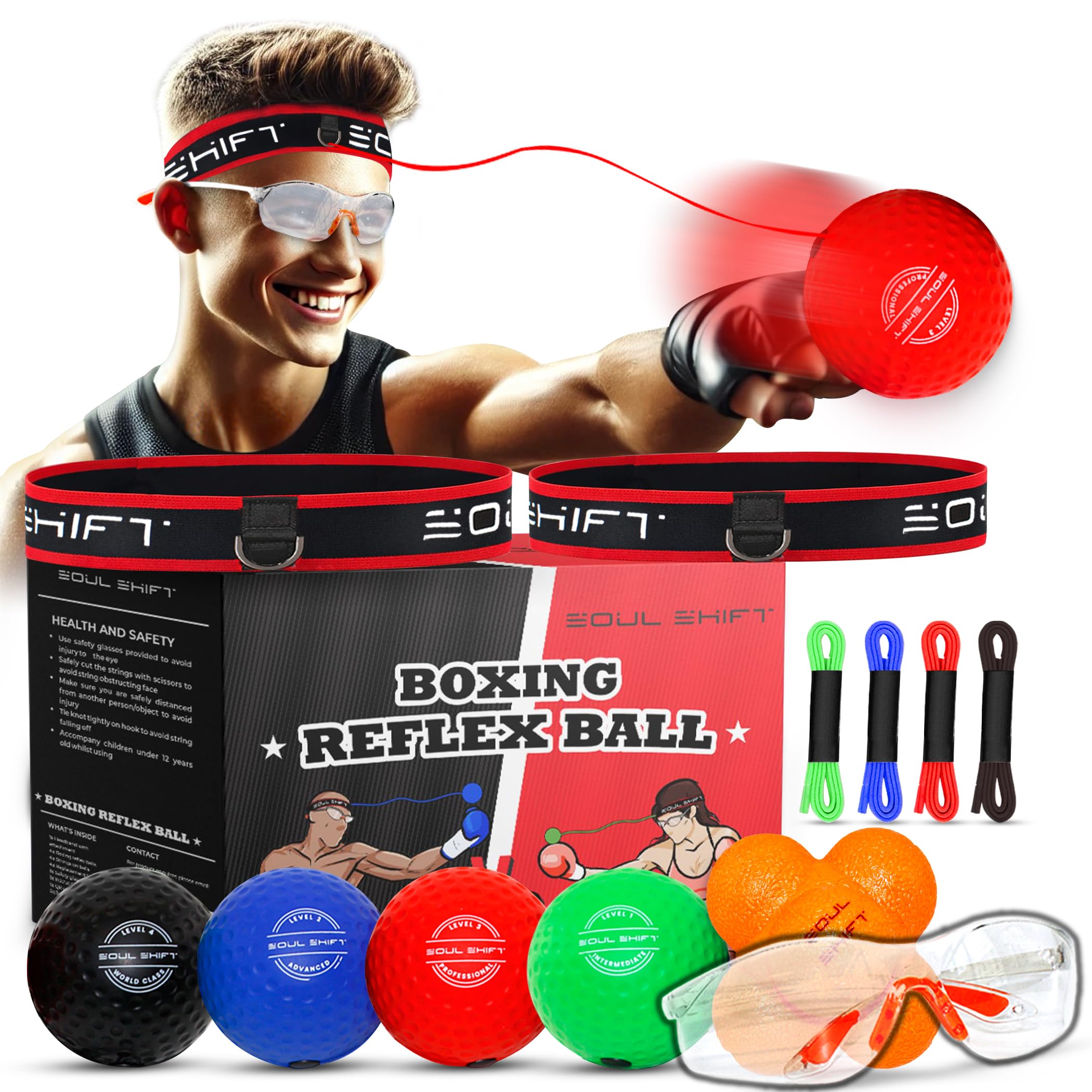 Soul Shift - 4 X Boxing Reflex Balls 2 x Headbands - Reaction Ball - Safety Glasses - Hand Eye Coordination, Boxing Reflex Ball Headband,MMA Training Equipment, Punching Ball