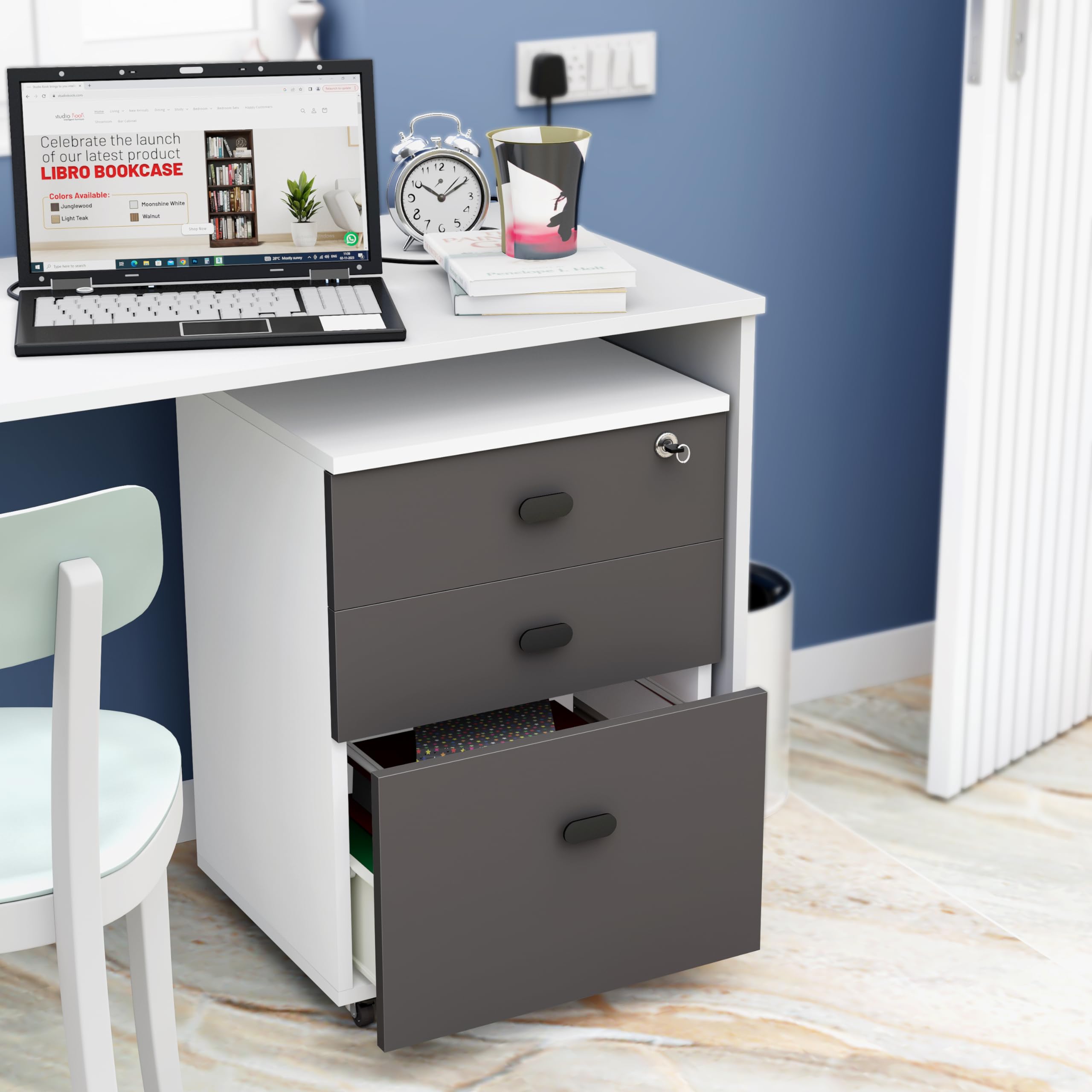 Studio Kook Avon Pedestal on Wheels with 3 drawers and central locking || Storage Drawer Unit (Matte Finish) (Moonshine White and Grey)