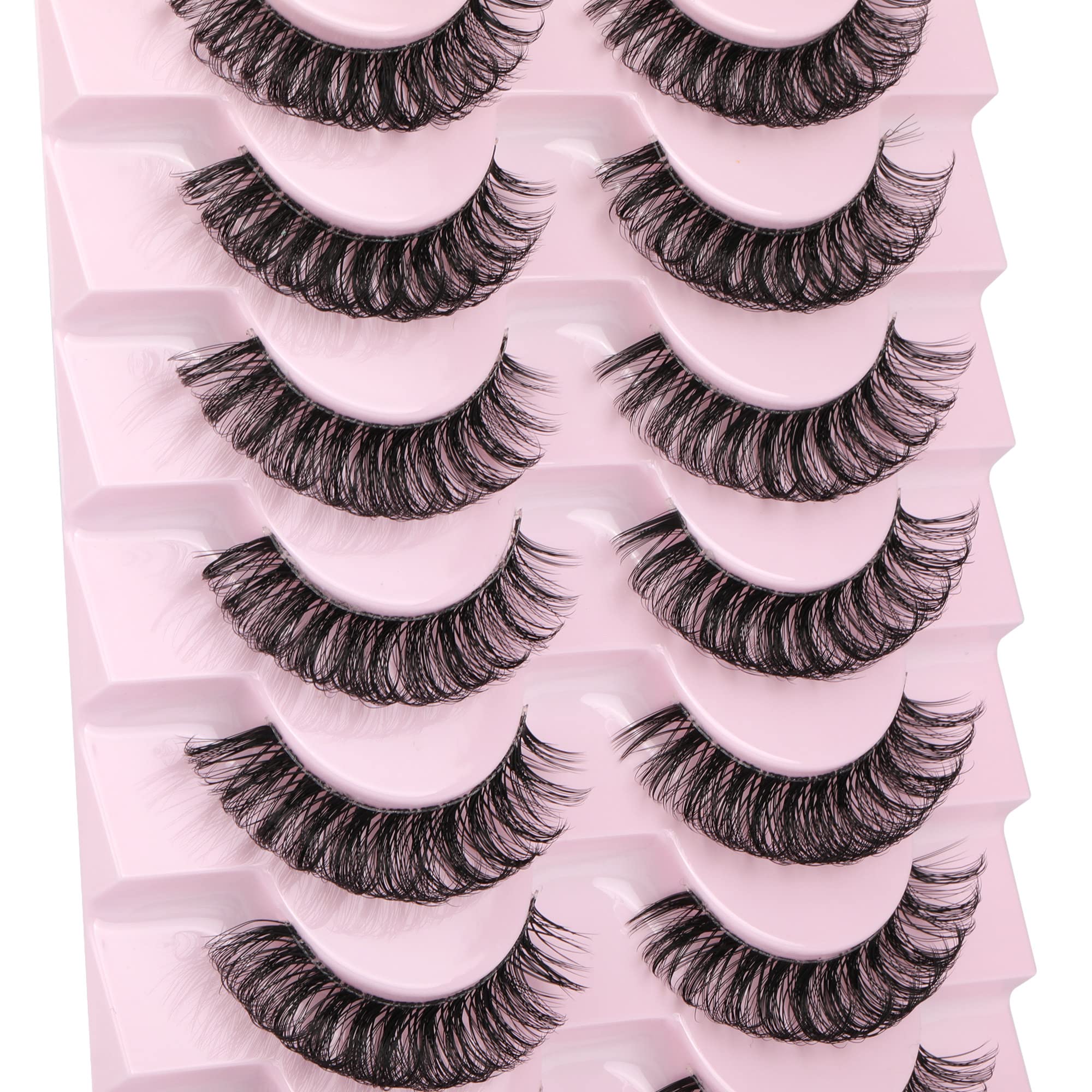 Newcally Natural Lashes Russian Strip Eyelashes False Wispy Fluffy D Curl Fake Eye Lashes Cat Eye Short Faux Mink Eyelashes Pack Lashes Look Like Lash Extensions 10 Pairs