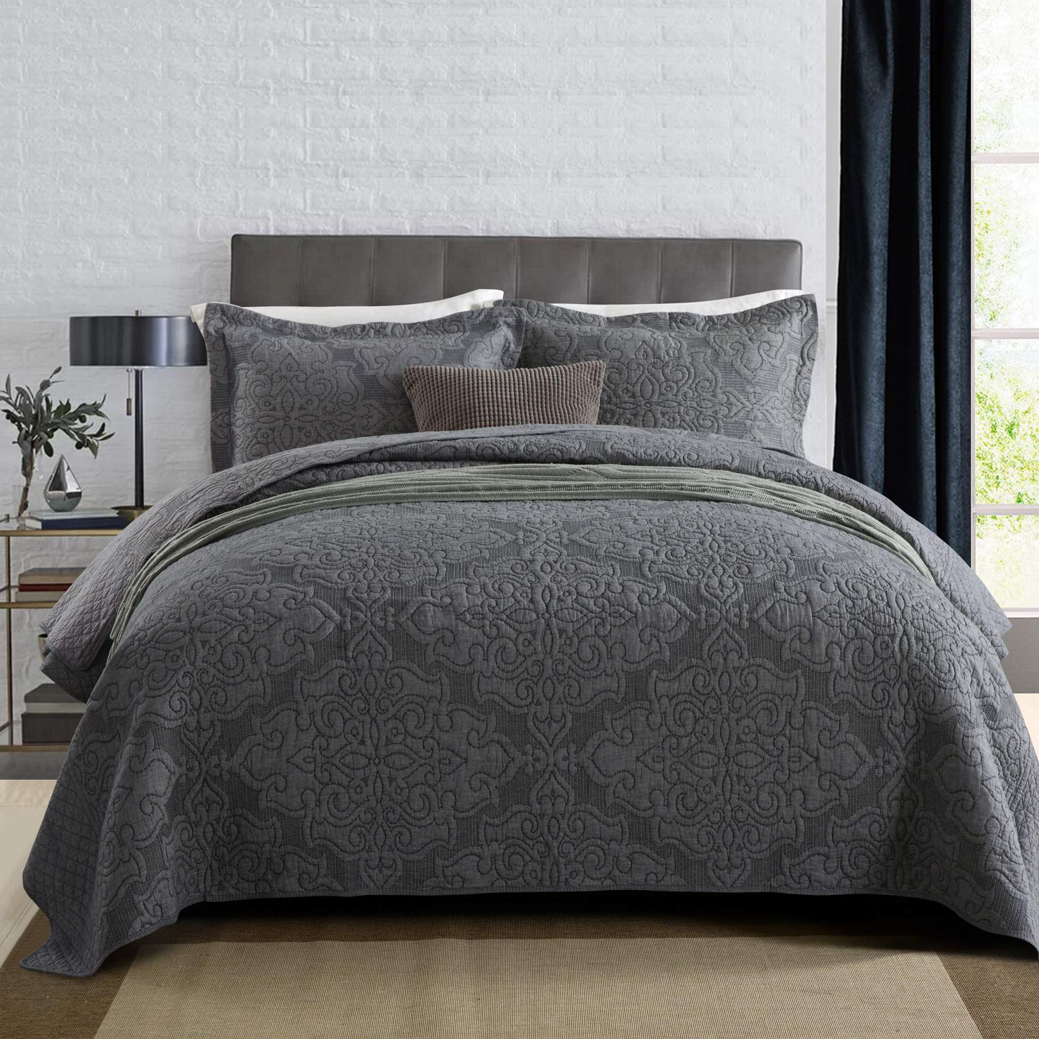 NEWLAKE Reversible Quilt Bedspread Embroidered Microfiber Coverlet Set,Jacquard Embossed Floral,Grey, Queen Size