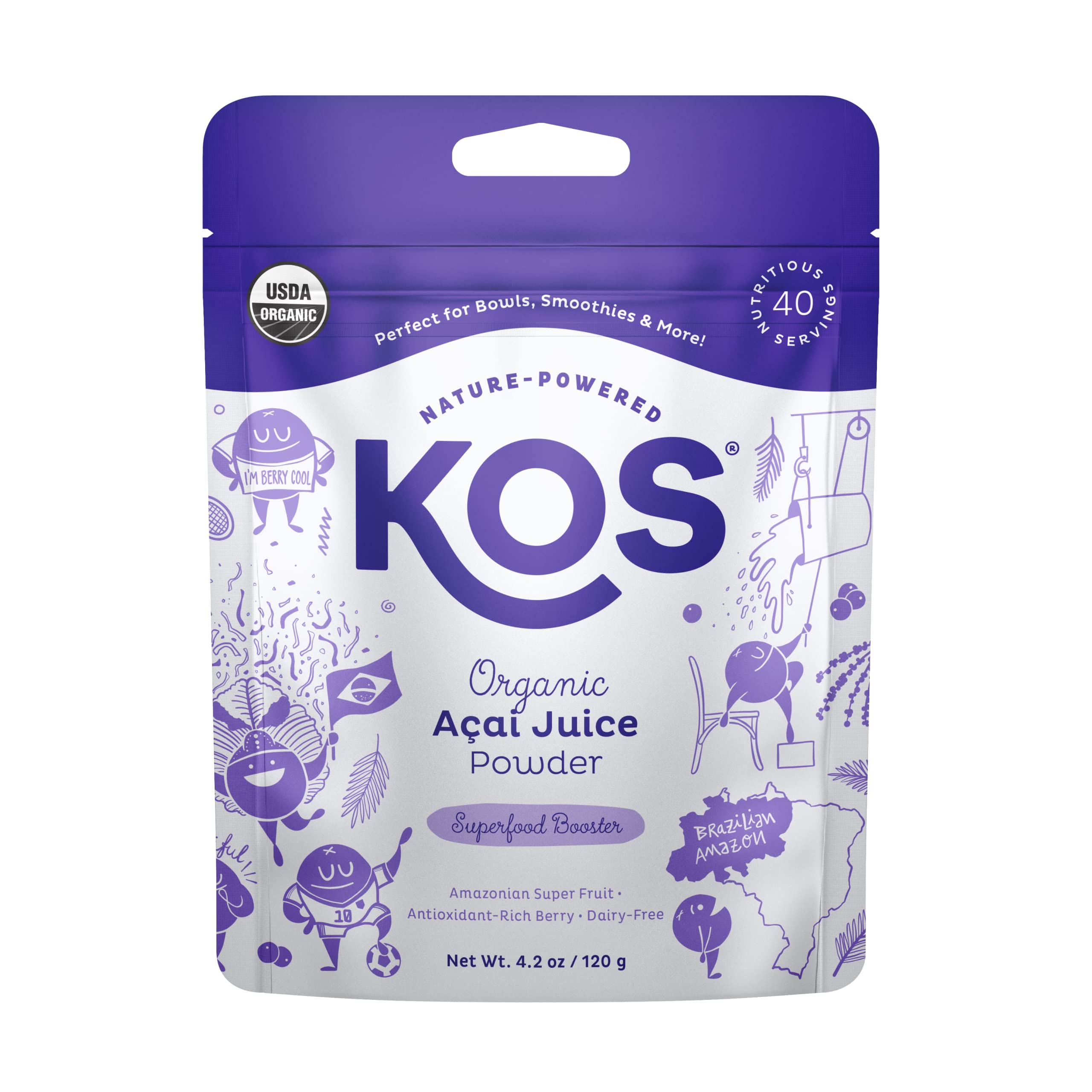 KOS USDA Organic Acai Powder, Unsweetened Superfood - Natural Antioxidant, Acai Berry for Smoothies and Bowls - Polyphenol Abundant, Gluten-Free, Non-GMO, Climate Friendly resealable Bag, 40 Servings