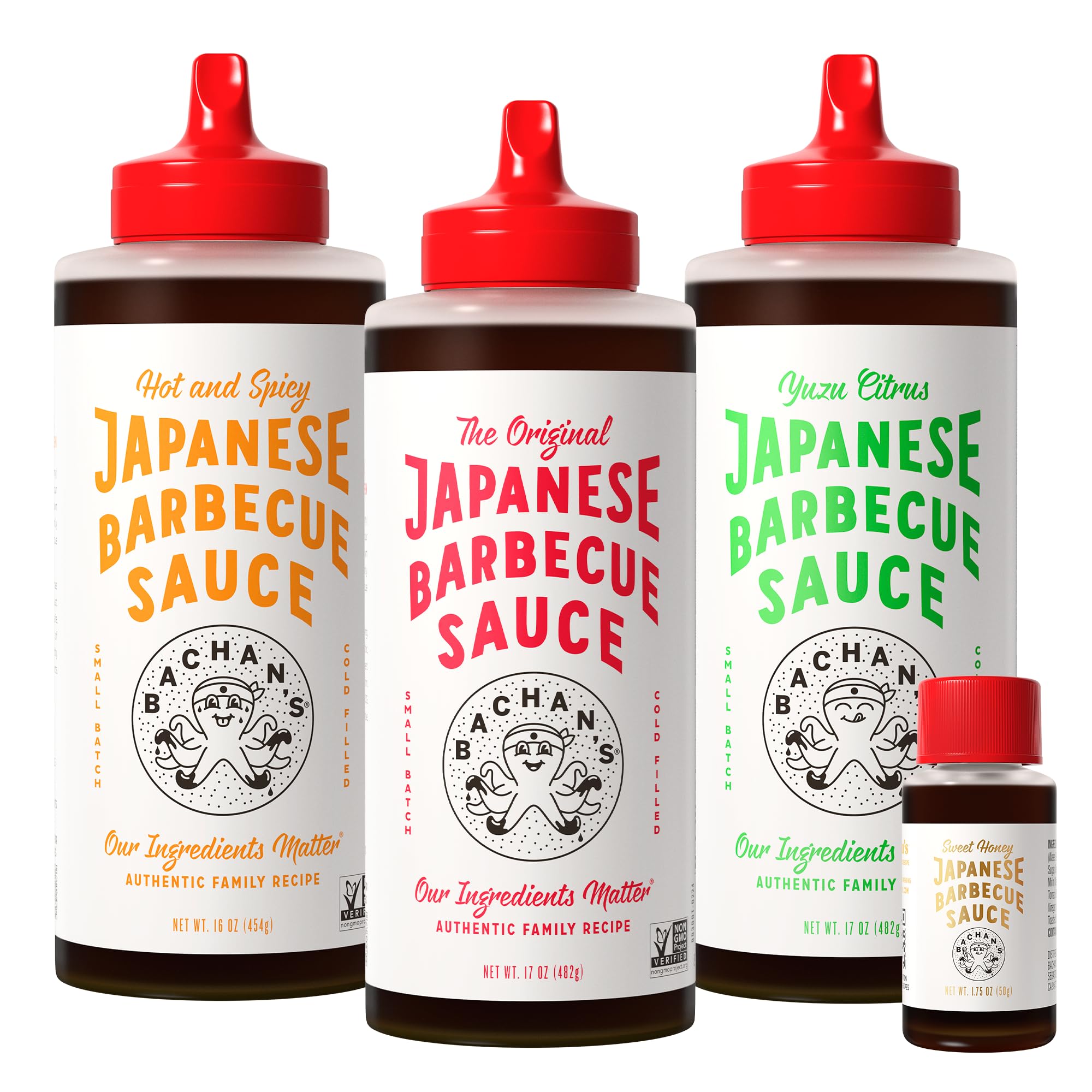 Bachan's Japanese Barbecue Sauce 4 Pack - 1 OG, 1 Hot & Spicy, 1 Yuzu, 1 Sweet Honey Mini - BBQ Sauce for Wings, Chicken, Beef, Pork, Seafood, Noodles, and More. Non GMO, No Preservatives, BPA free