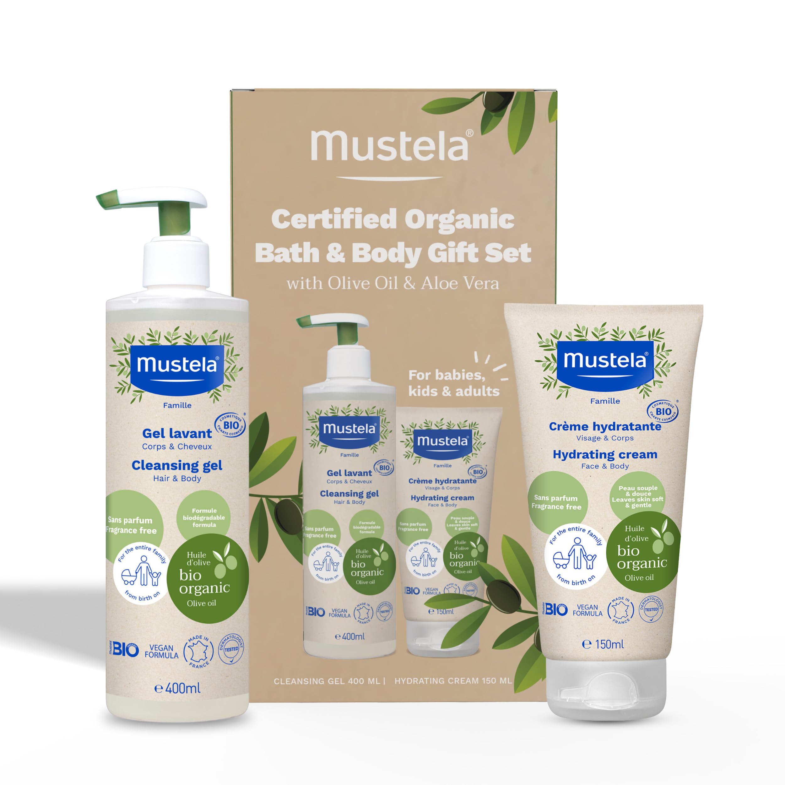 MustelaCertified Organic Bath & Body Gift Set - Fragrance-Free Skin Care Essentials with Olive Oil & Aloe Vera - Contains Cleansing Gel & Hydrating Cream for Baby, Kid & Adult - 2 Items Set