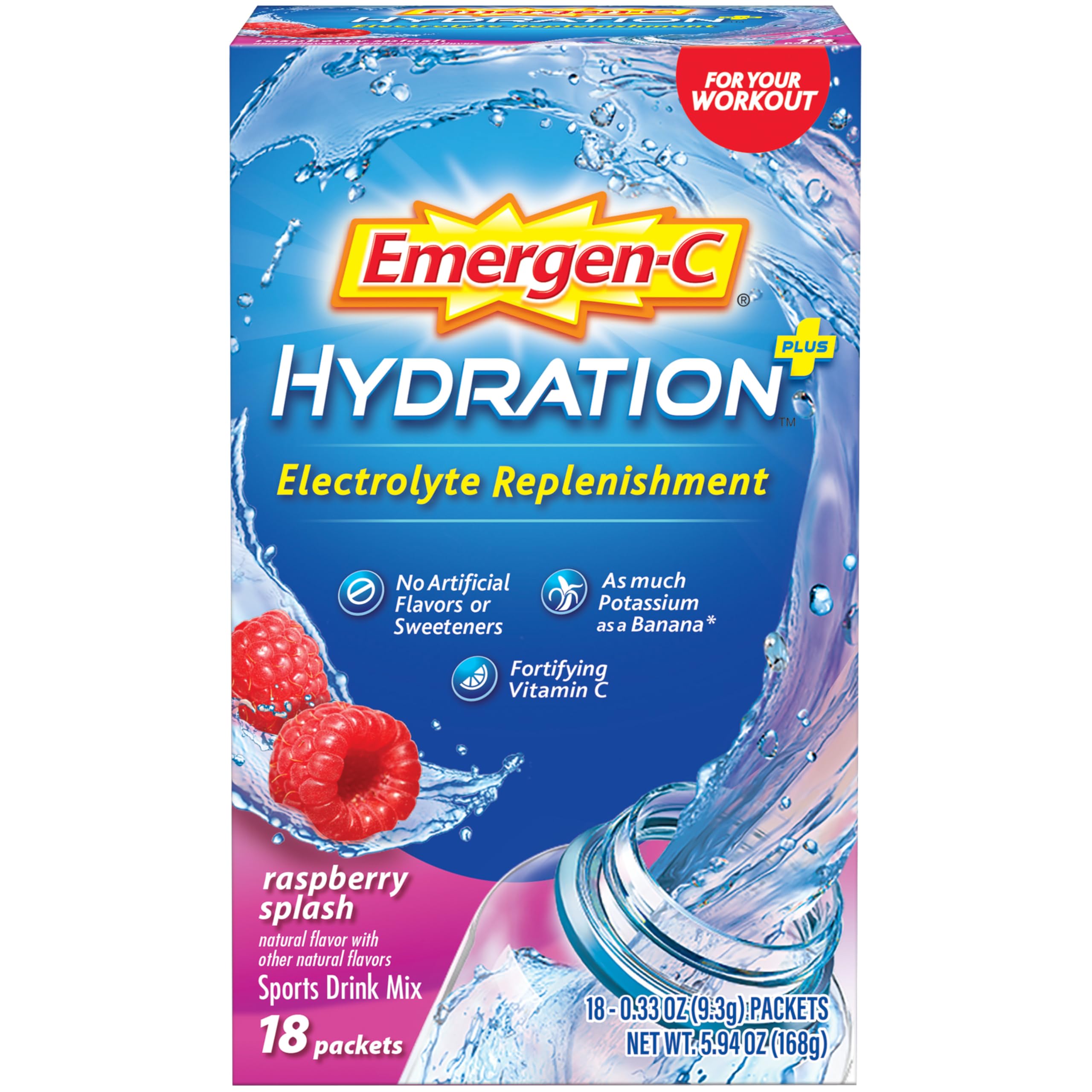 Emergen-C Hydration+ Sports Drink Mix With Vitamin C (18 Count, Raspberry Flavor), Electrolyte Replenishment, 0.33 Ounce Powder Packets