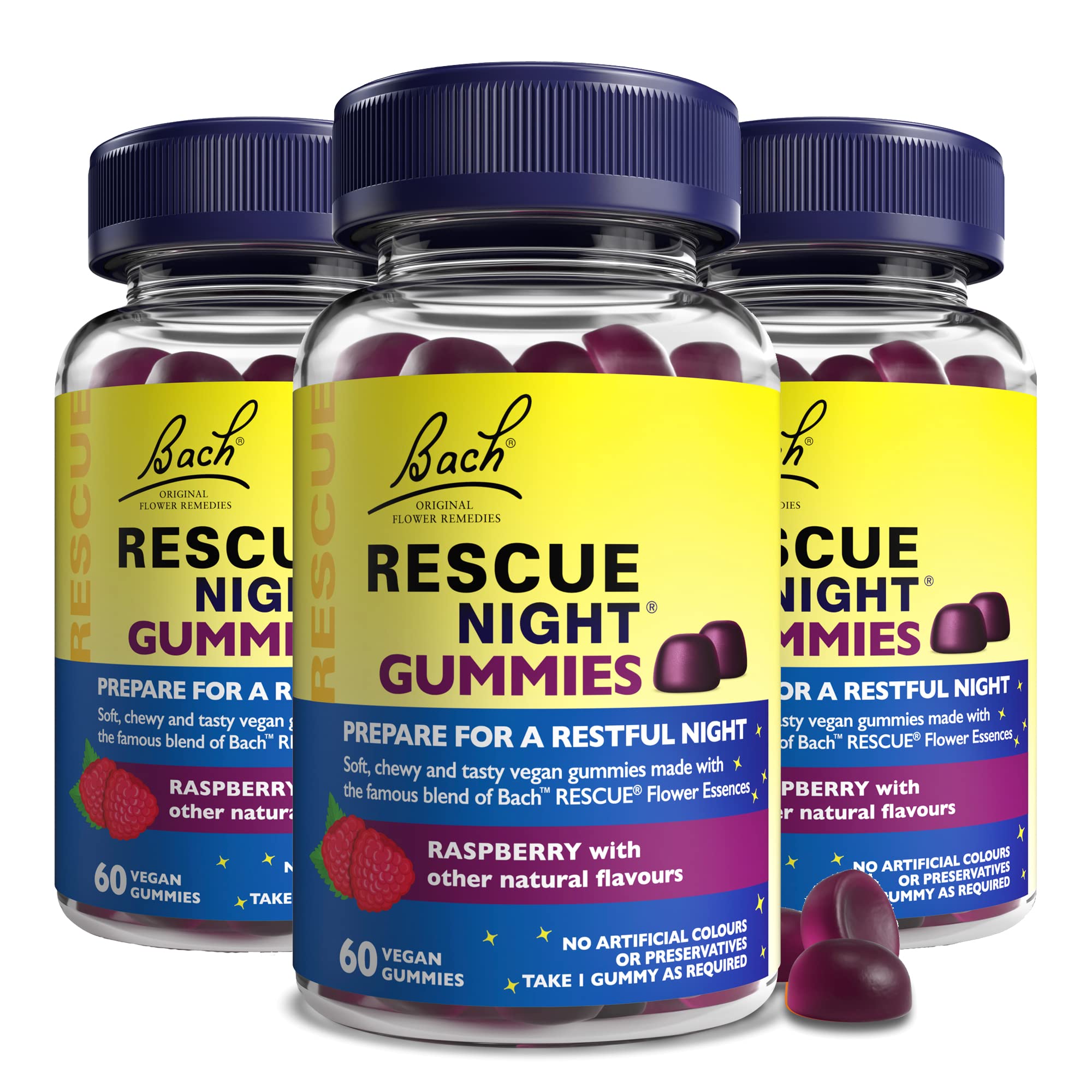 RESCUERemedy Gummies Night 3 Pack Bundle, for A Serene Sleep, with Raspberry Flavour, Easy to Take, Vegan & Natural, Suitable for All The Family, 3 x Pack of 60