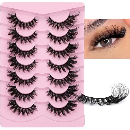 JIMIRE Faux Mink Lashes Fluffy Cat Eye Natural Look False Eyelashes Volume Wispy Fox Eye Crossed 17MM Thick Fake Lashes Look Like Eyelash Extensions Pestañas 7 Pairs Pack