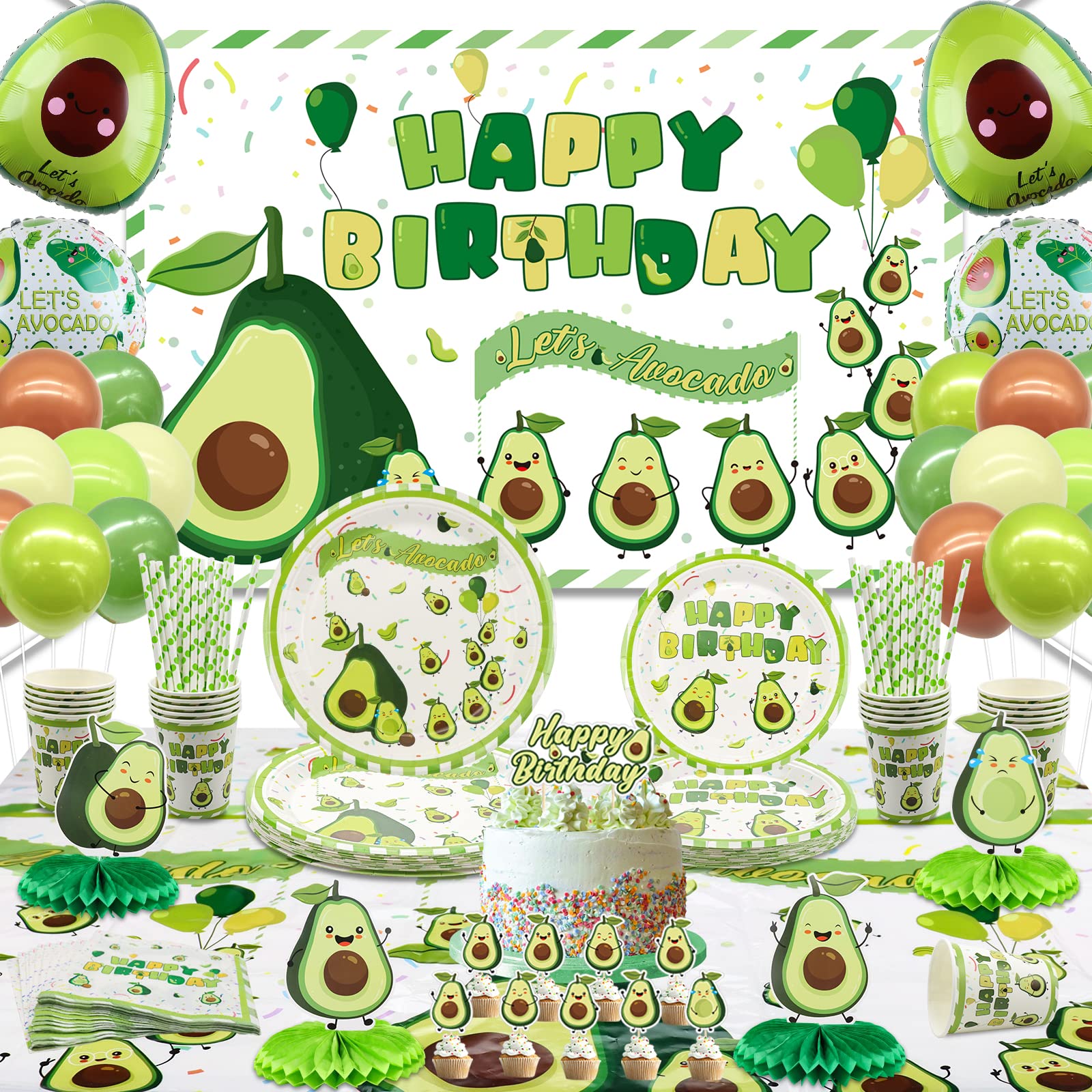 Fruit Avocado Party Supplies, Avocado Theme Tableware Party Pack for Girls, Kids, Avocado Control Birthday Party, Includes Plates, Cups, Napkins, Tablecloth, Backdrop, Balloons, Serves 20