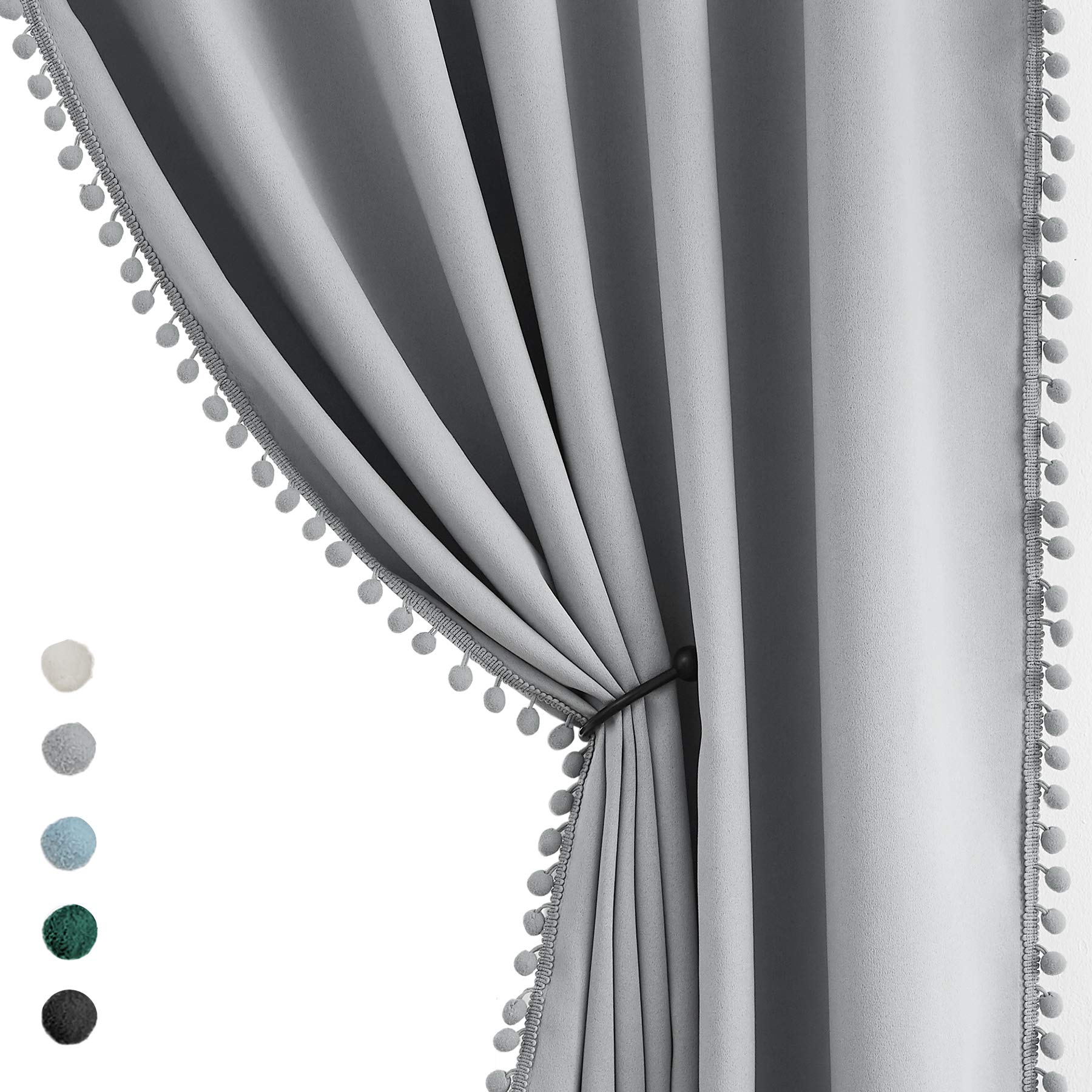 Pom Pom Grey Curtains for Bedroom Windows 84 inch Energy Efficient Thermal Insulated Living Room Darkening Curtain Panels Drapes Nursery Room Children 50" w x2 Panels Rod Pocket