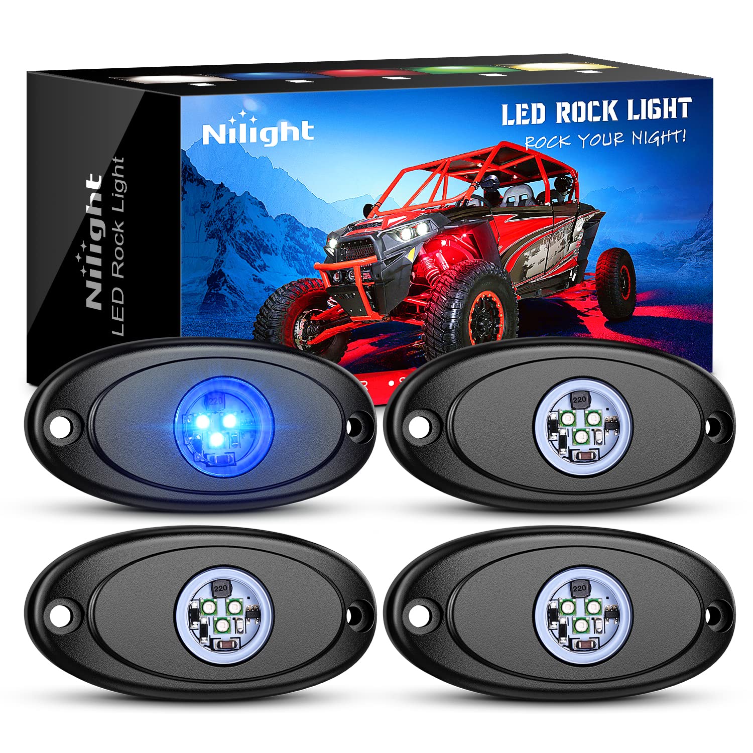 NilightLED Rock Light 4PCS Blue Light Pods Waterproof Under Body Wheel Well Light Exterior Interior Lights for Car Truck Pickups ATV UTV SUV Motorcycle Boat, 2 Years Warranty