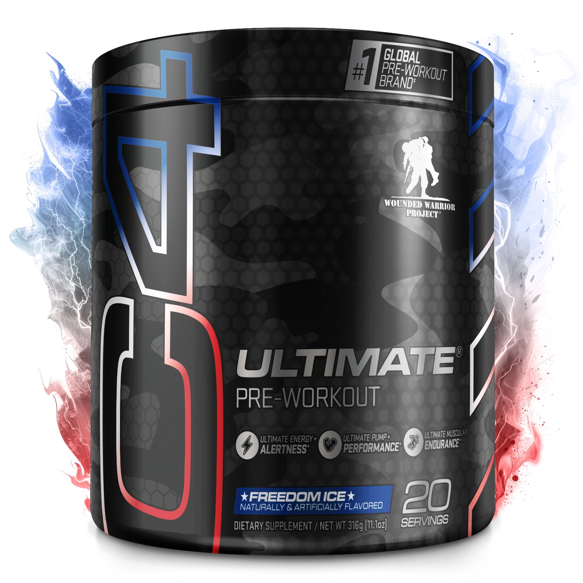 C4 Ultimate x Wounded Warrior Project Pre Workout Powder Freedom Ice - Sugar Free Preworkout Energy Supplement for Men & Women - 300mg Caffeine + 3.2g Beta Alanine + 2 Patented Creatines - 20 Servings