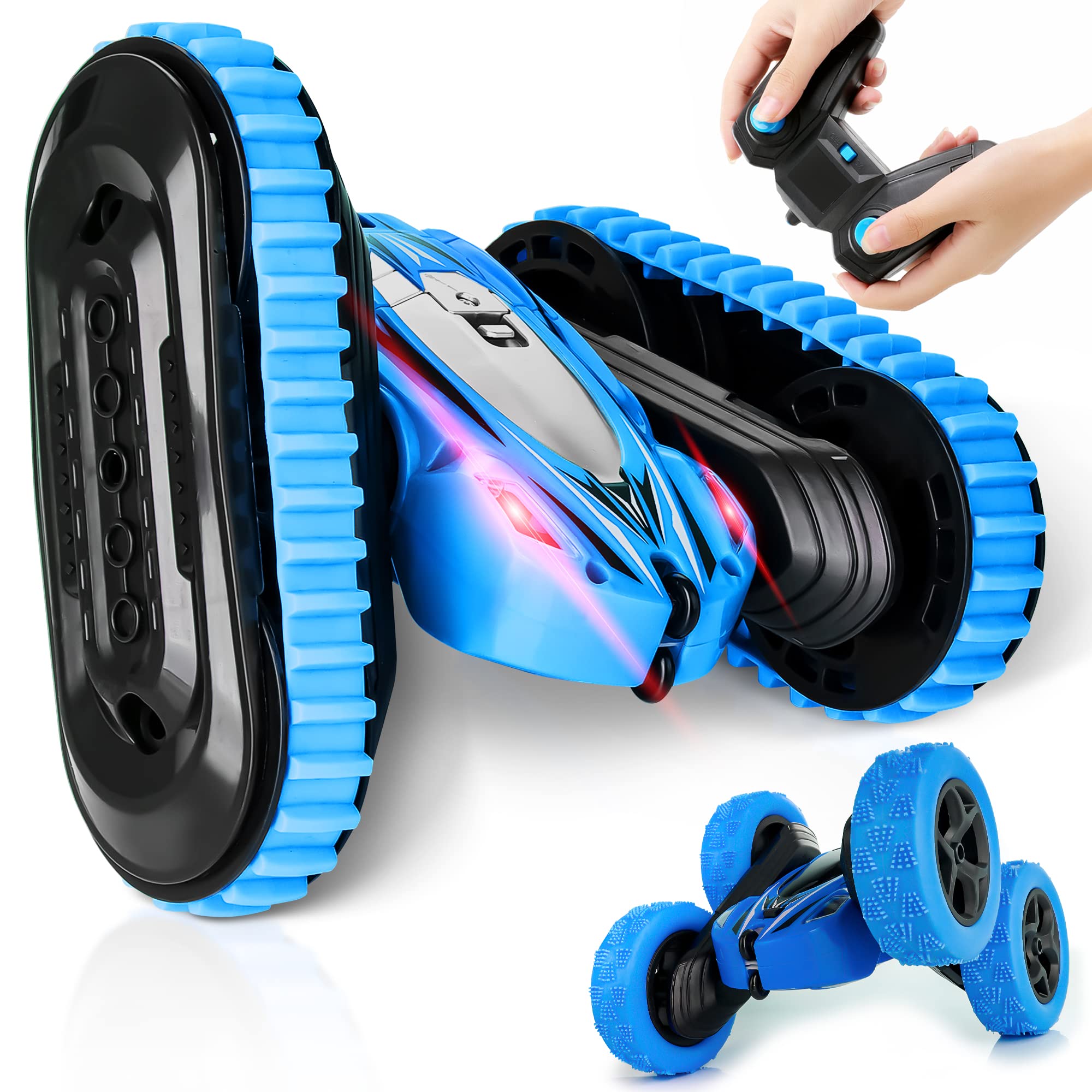 2-in-1 Remote Control Car, Rechargeable Remote Control Crawler for Kids Age 3 Years and up, Changeable Wheels, Double-Side 360° Flips, LED Headlights, Fast Stunt Toy Race Cars for Toddlers-Blue