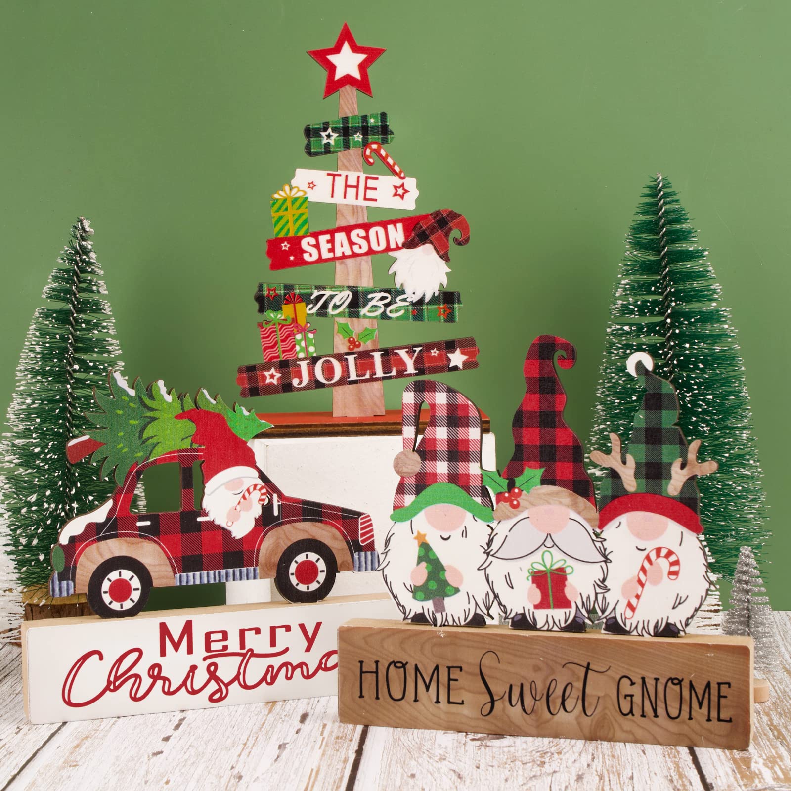 COLOFALLA 3pcs Christmas Table Decorations Wooden Merry Christmas Table Sign Christmas Tree Gnome Truck Wooden Xmas Ornaments for Desk Tabletop Shelf