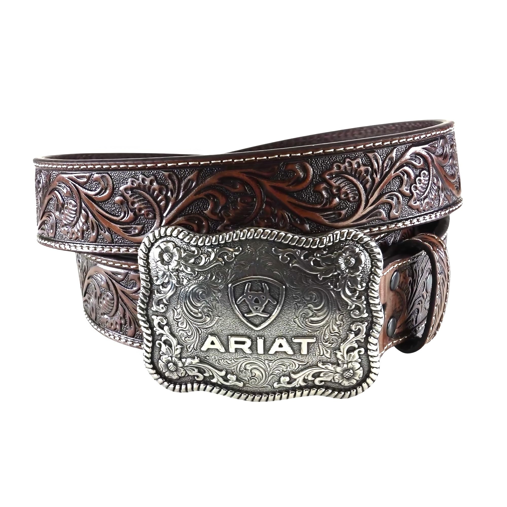 ARIAT Men's Straight Floral Buckle Belt, Brown, Silver