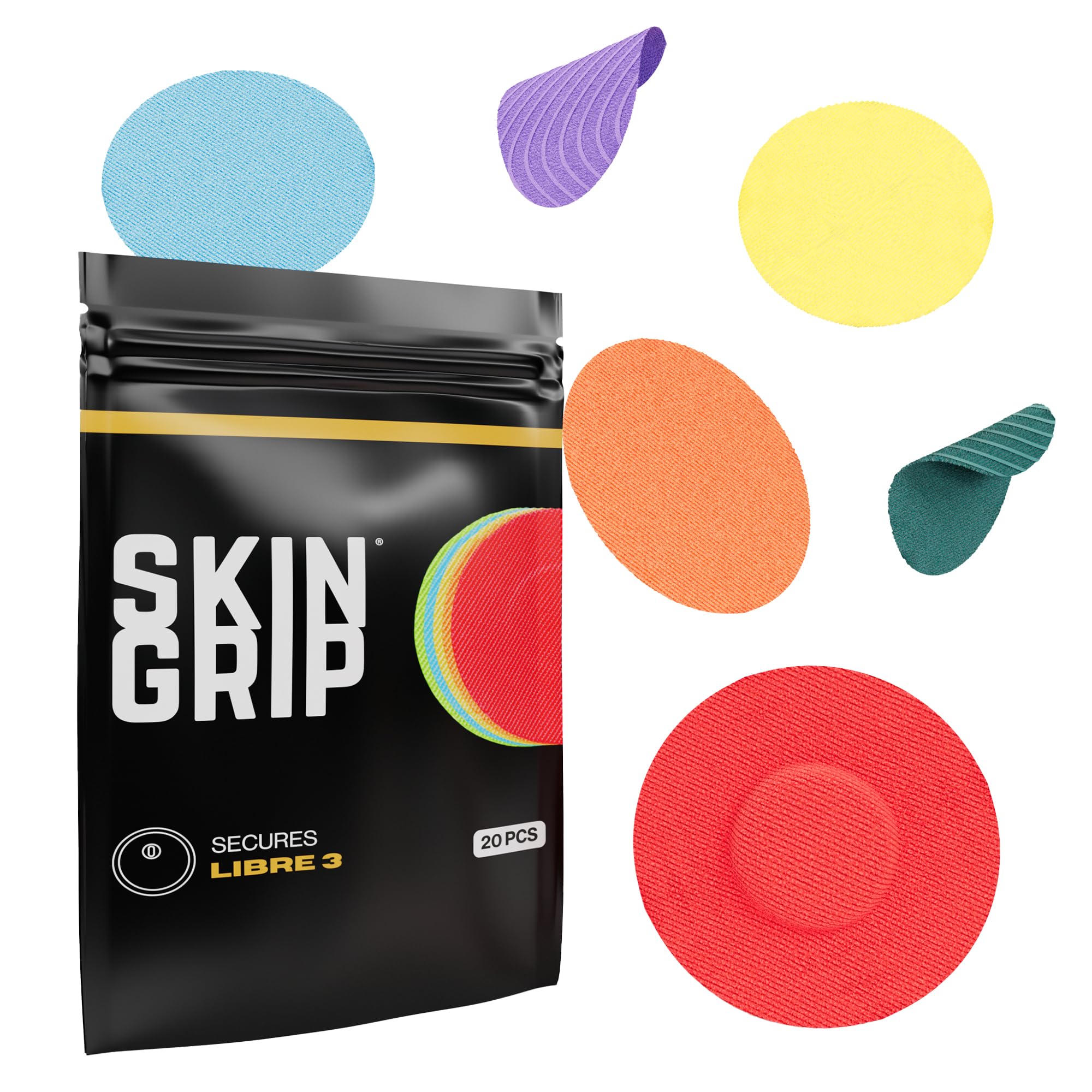 Skin Grip CGM Patches for Freestyle Libre 3 (20-Pack), Waterproof & Sweatproof for 10-14 Days, Pre-Cut Adhesive Tape, Continuous Glucose Monitor Protection (Rainbow Pack)