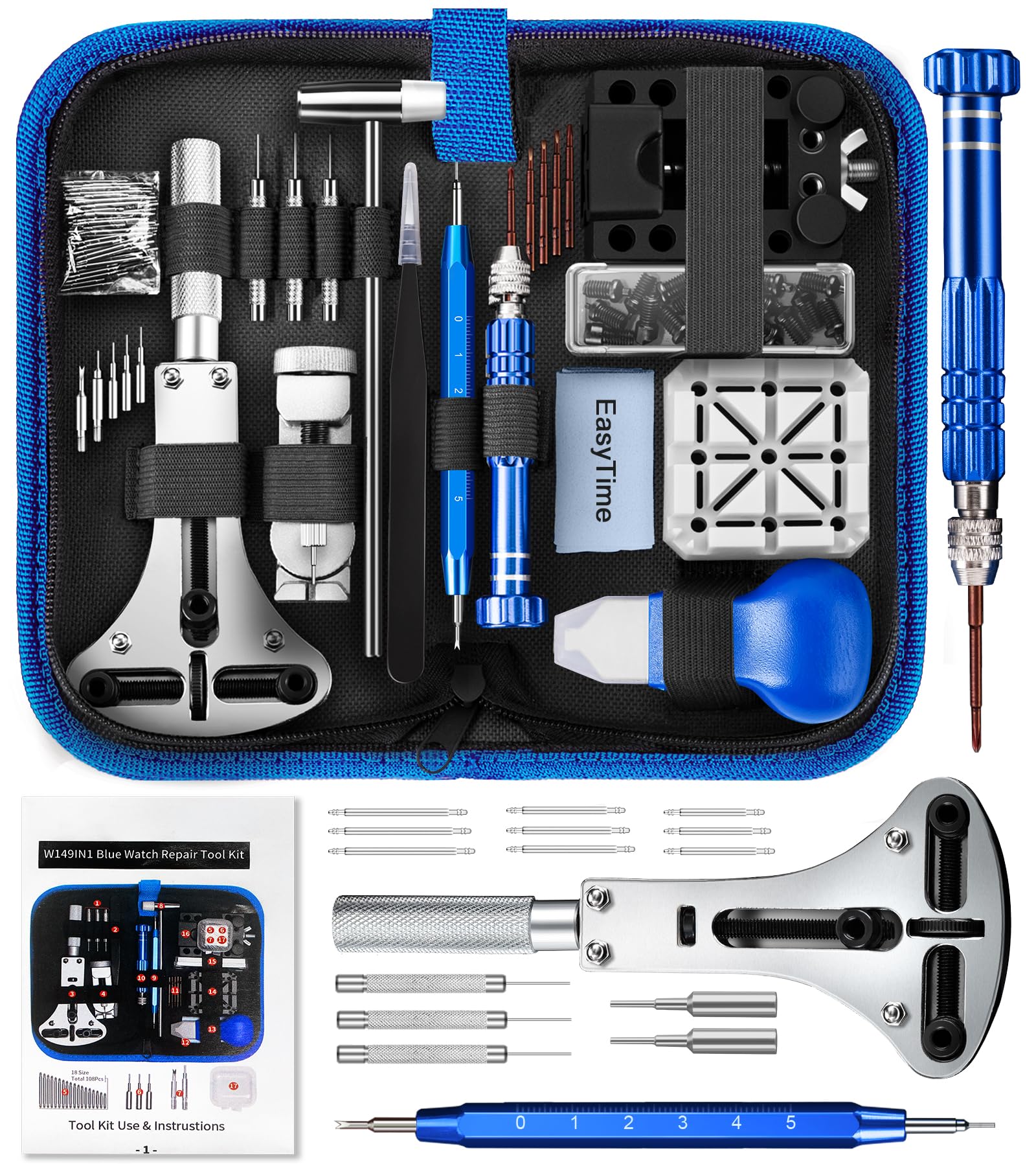 TOPWAYTOPWAY Watch Repair Tool Kit: 149 in 1 Professional Watch Link Removal Tool Battery Replacement Kit for Strap Adjustment and Back Case Opening with Spring Bars