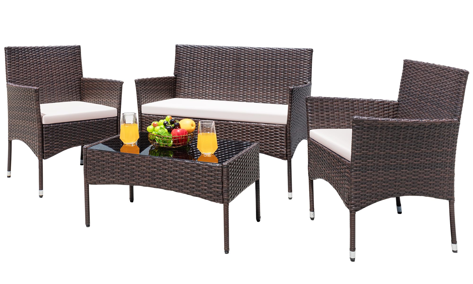 Greesum GS-4RCS8BG 4 Pieces Patio Outdoor Rattan Furniture Sets, Brown and Beige