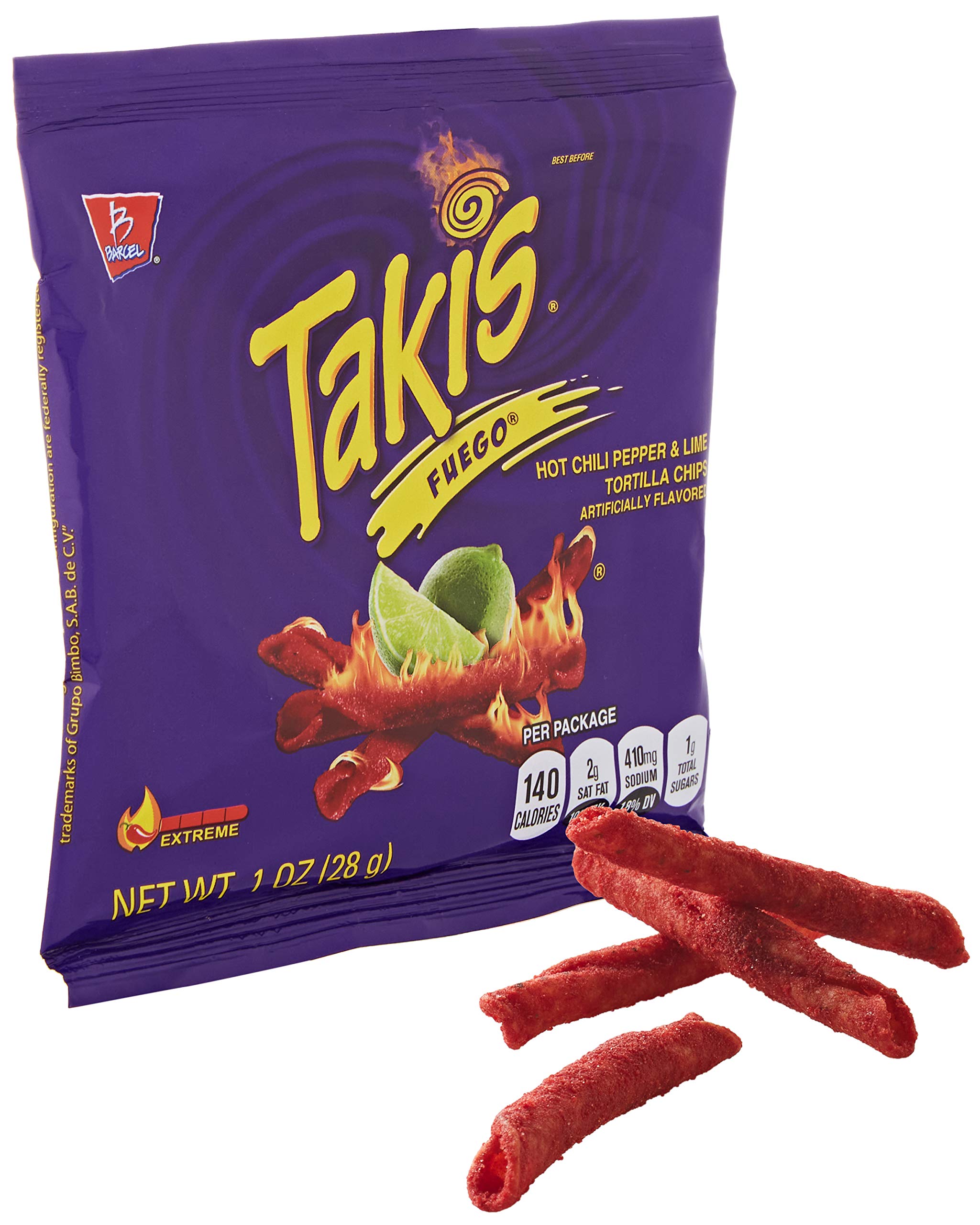 Takis Spicy Tangy Mexican Rolled Crisps, 1 Oz (28 g) Bags, Pack of 15