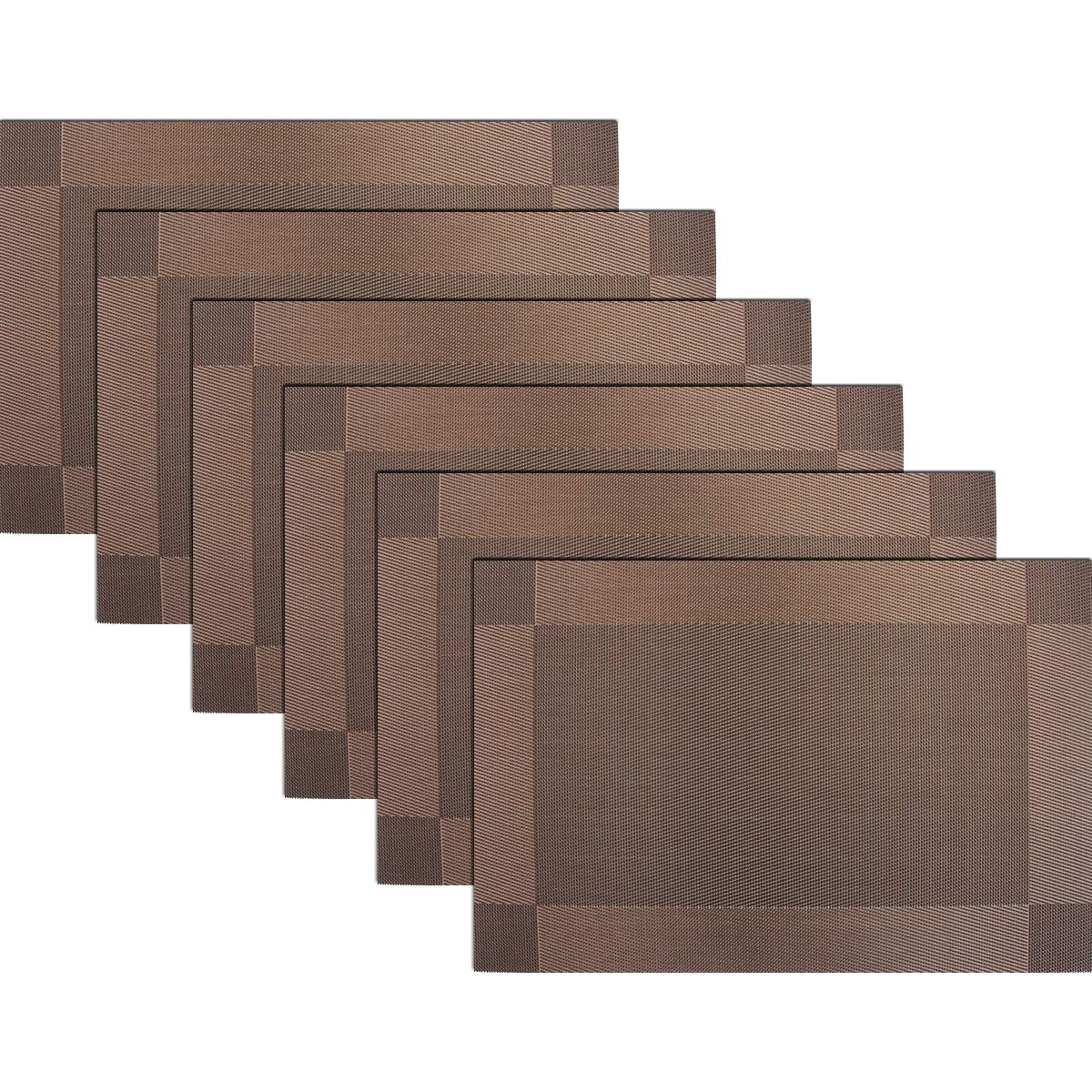 BECHEN Placemats Vinyl Twill Weave Heat-Resistant Table Mats Washable Kitchen Placemats for Dinig Table Set of 6 (Brown)