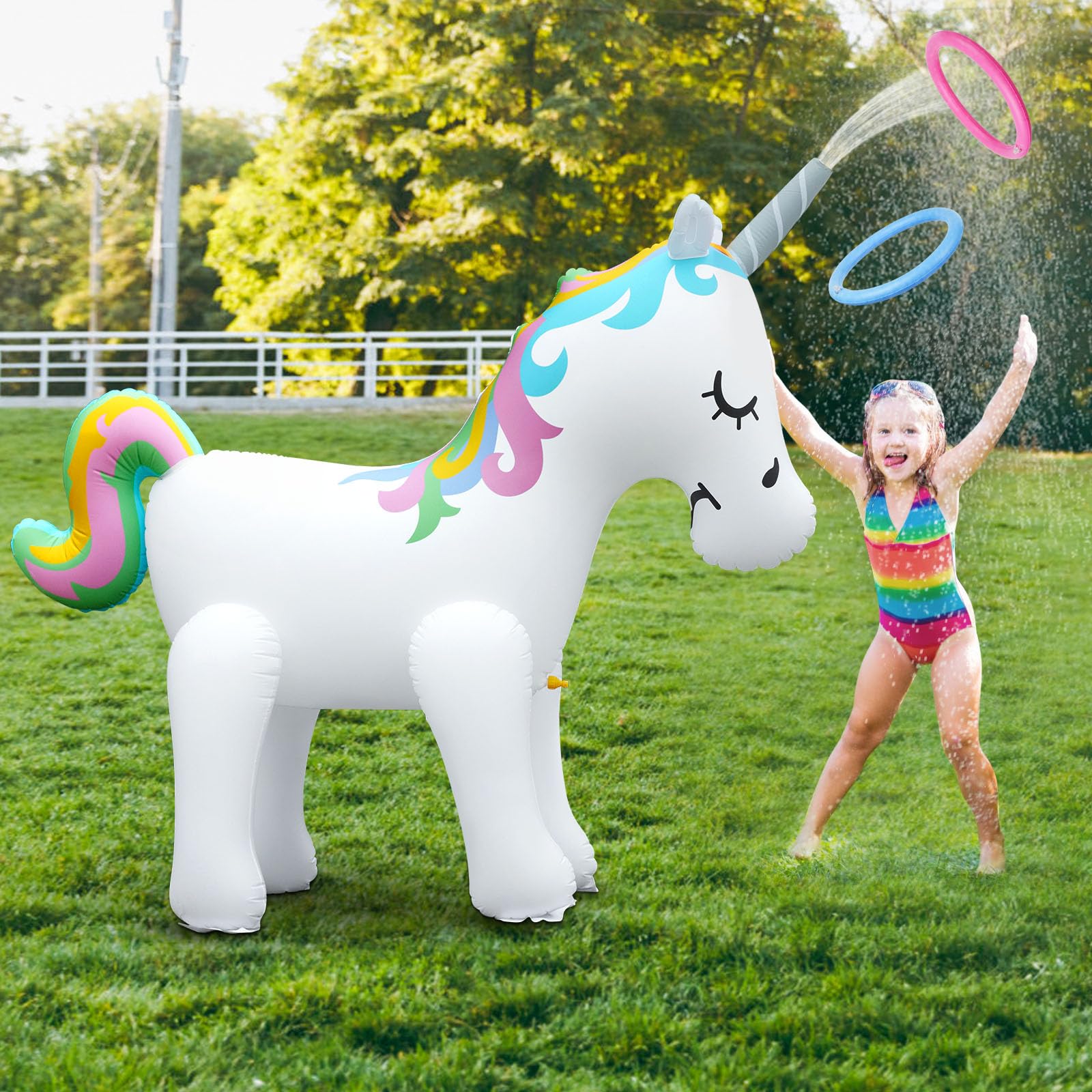 Unicorn Water Sprinklers Inflatable Toys,Inflatable Sprinkler for Kids,Outdoor Water Toys w/2 Rings,Summer Backyard Sprinkler,Spray Water Toy for Kids,Adults