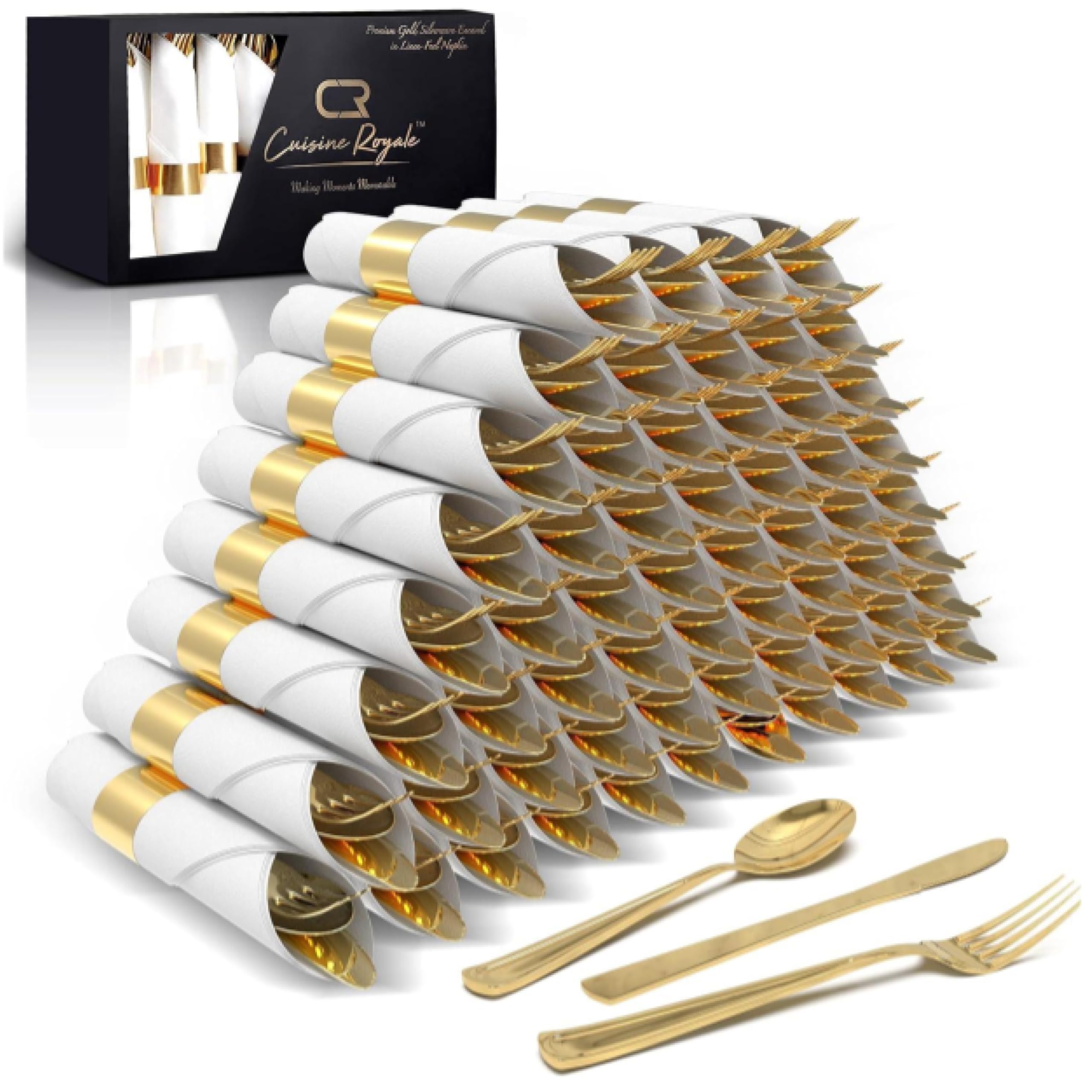 Prestee 50 Pre Rolled Silverware Set Disposable - 200pc Party Pack for 50 Guests with Forks, Knives, Spoons, and Napkins - Individually Wrapped Rolled Plastic Gold Cutlery Set for Weddings, and Events