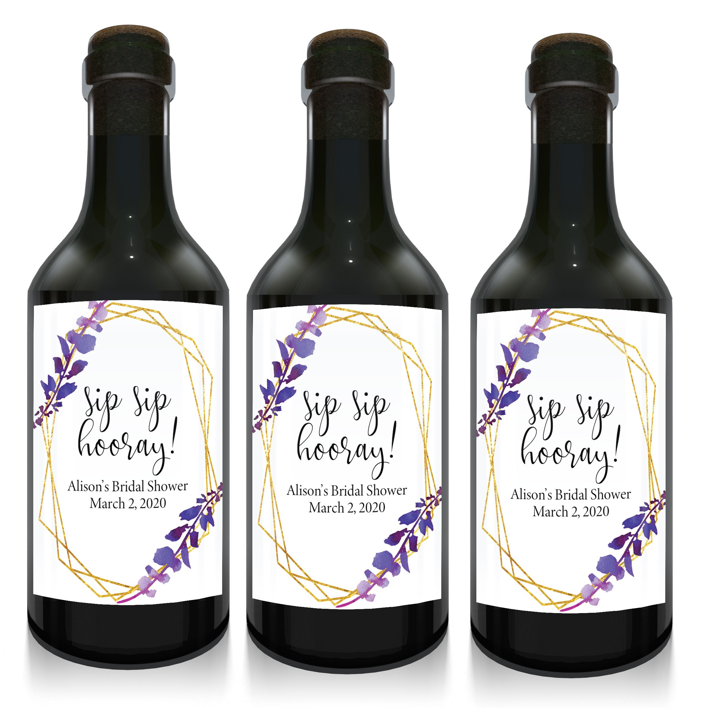 Mini Wine Bottle Label Stickers for Bridal Shower, Bridal Shower Party Favors- Sip Sip Hooray! - Purple Leaves Design- set of 10