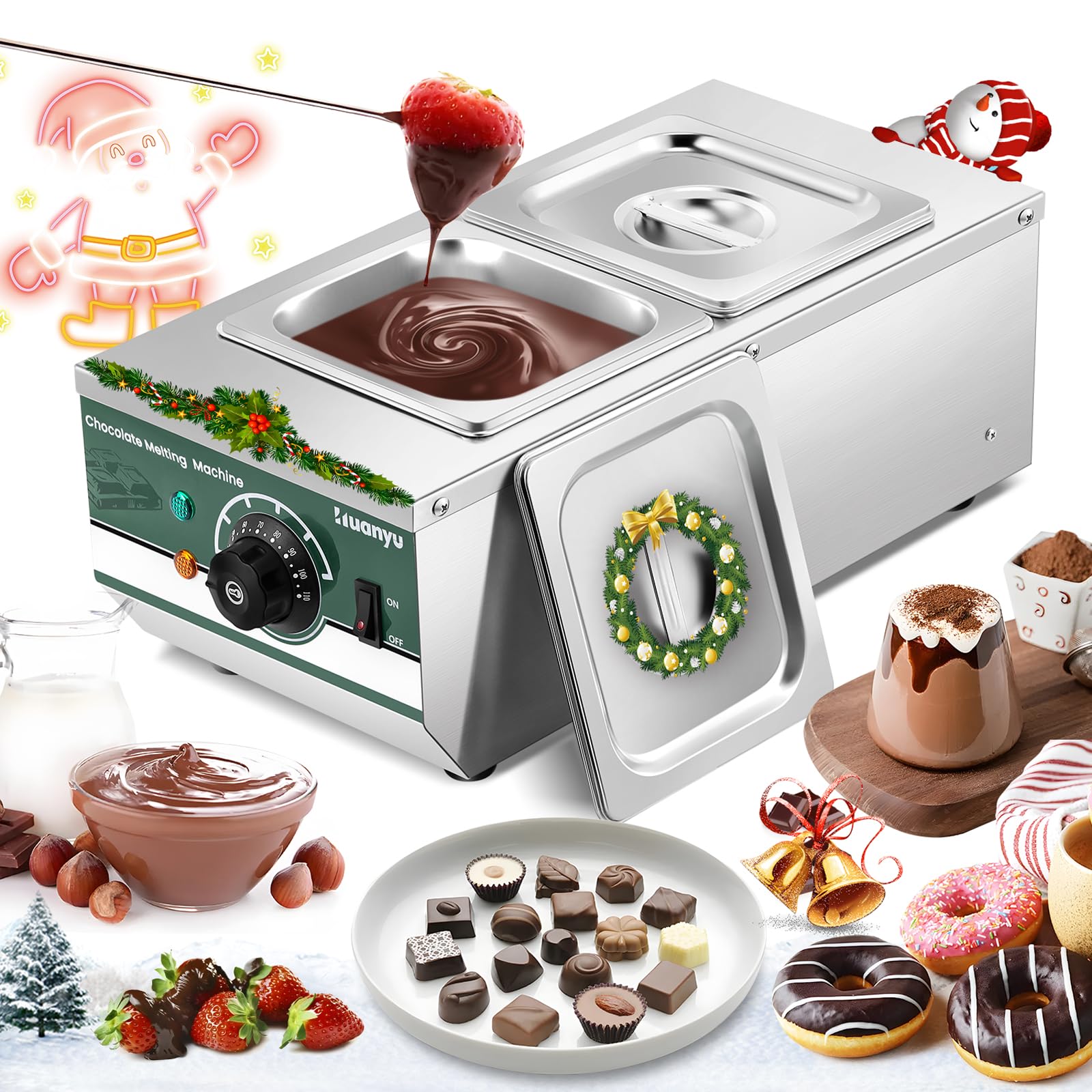 Huanyu Chocolate Tempering Machine 86~230℉ Commercial Electric Melting 2-Pot 6.6LBs Stainless Steel Food Warmer Professional Heated Chocolate Melter with Lid for Catering Restaurant Canteen Home Party