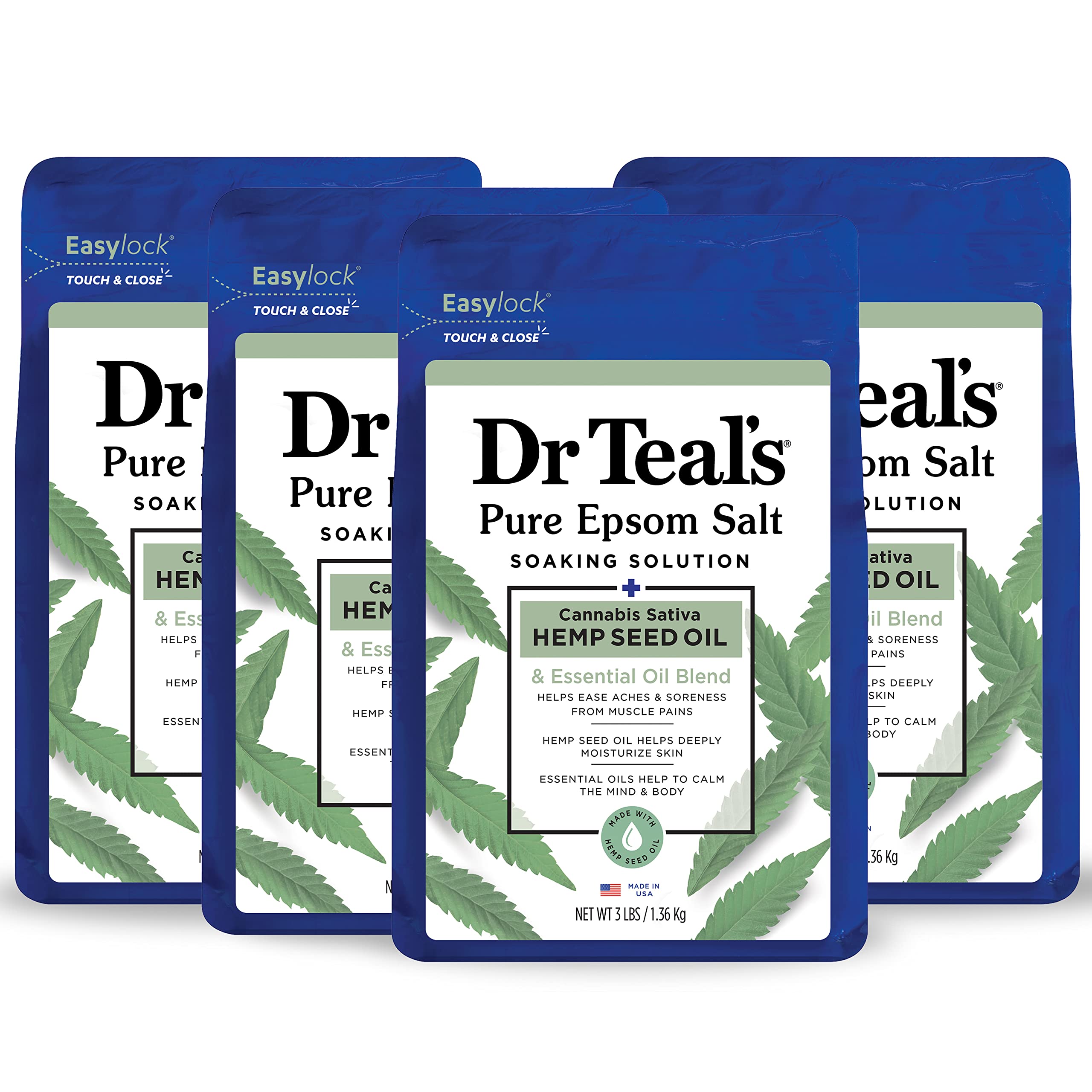 Dr Teal's Pure Epsom Magnesium Salt Soak, Cannabis Sativa Hemp Seed Oil, 3 lb (Pack of 4)