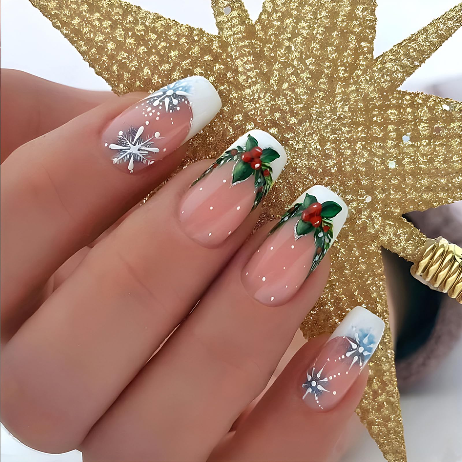 Christmas French False Nails Short 24PCS White French Tip Press On Nails with Cute Snowflake Pattern, Christmas Tree Stick on Nails Full Cover Christmas Fake Nails for Christmas Nail Art Accessories