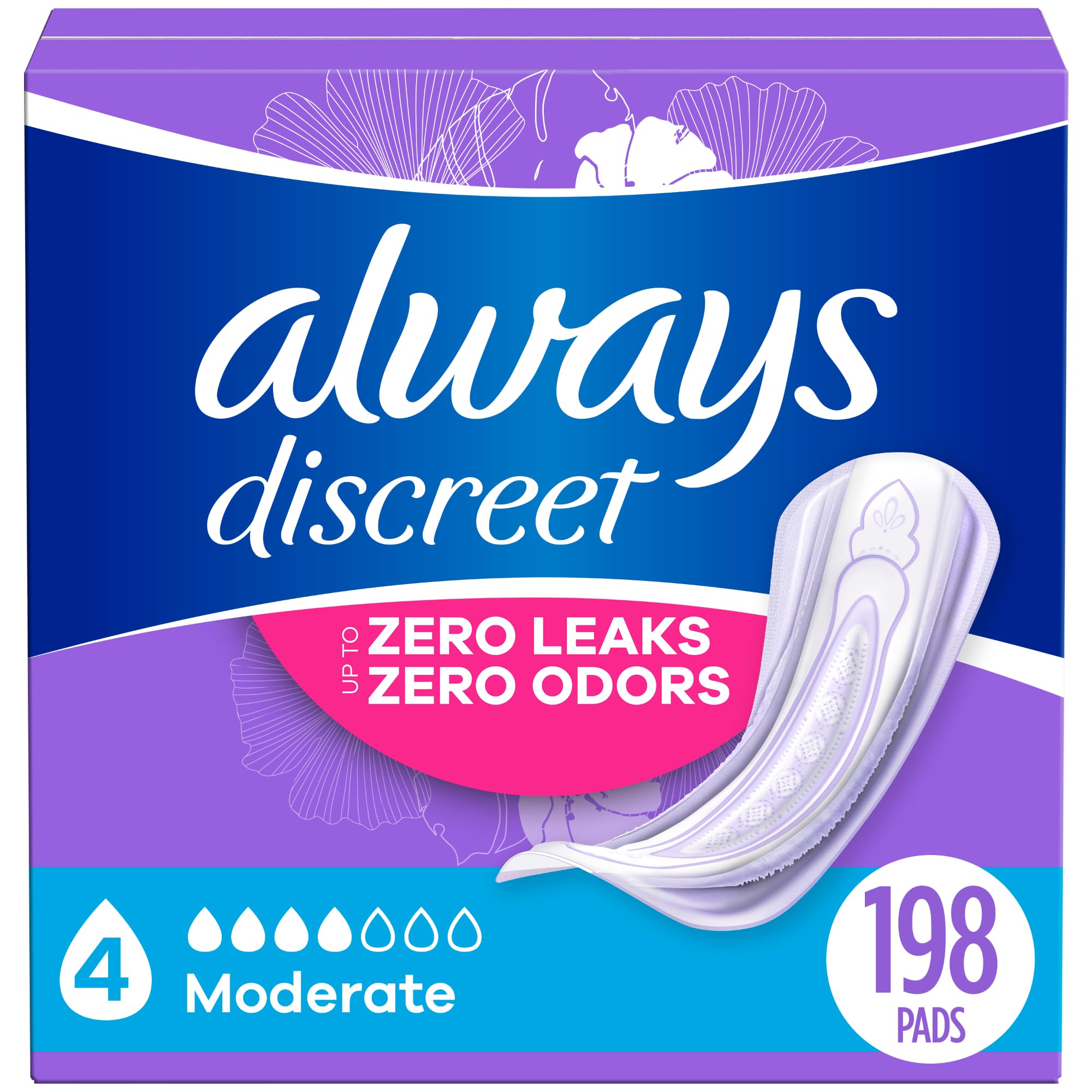 Always Discreet Adult Incontinence Pads for Women, Moderate Absorbency, Regular Length, Postpartum Pads, 198 CT