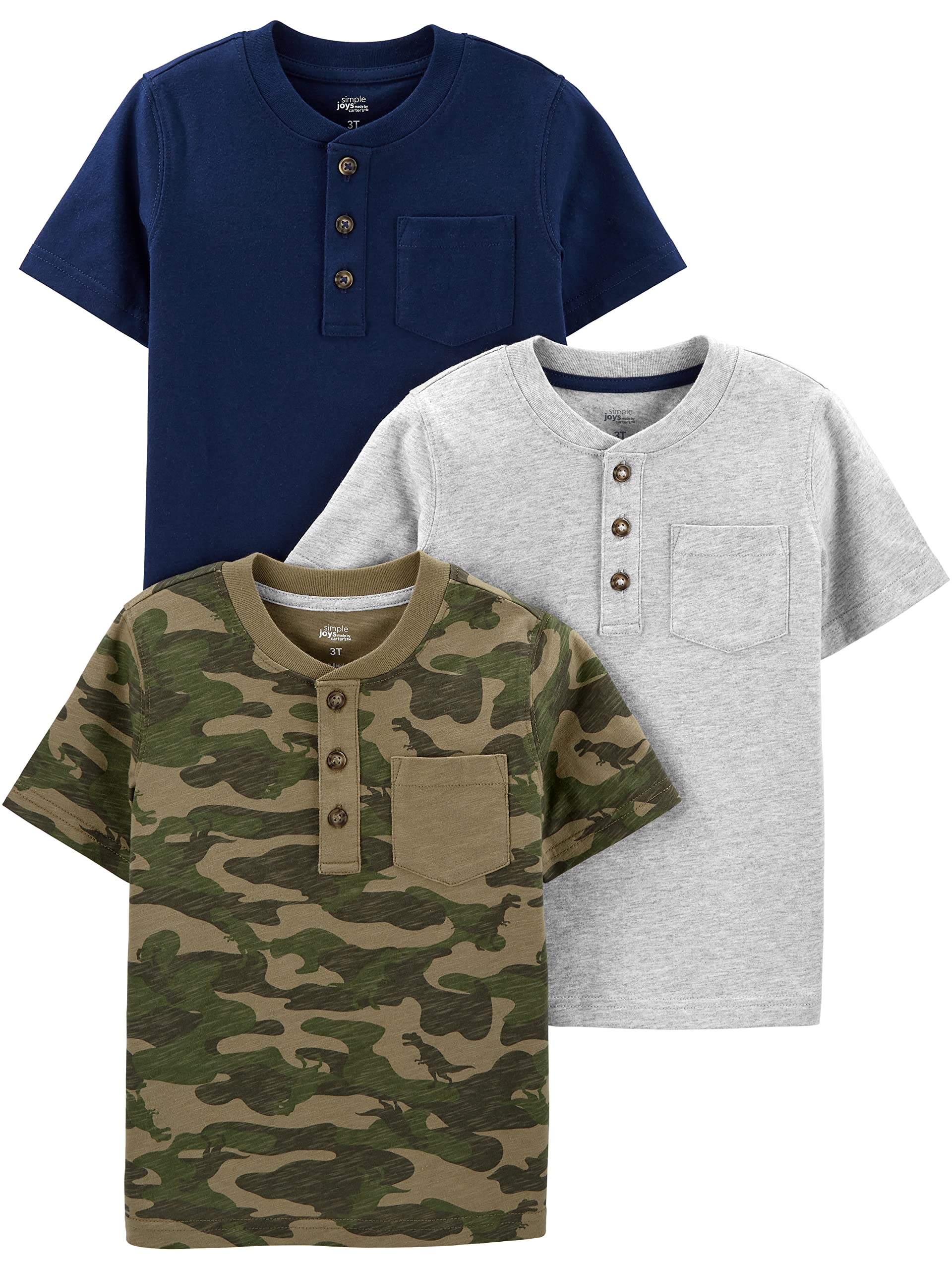 Simple Joys by Carter'sBaby Boys' 3-Pack Short-Sleeve Tee Shirts, Green Camo/Grey Heather/Navy, 2T