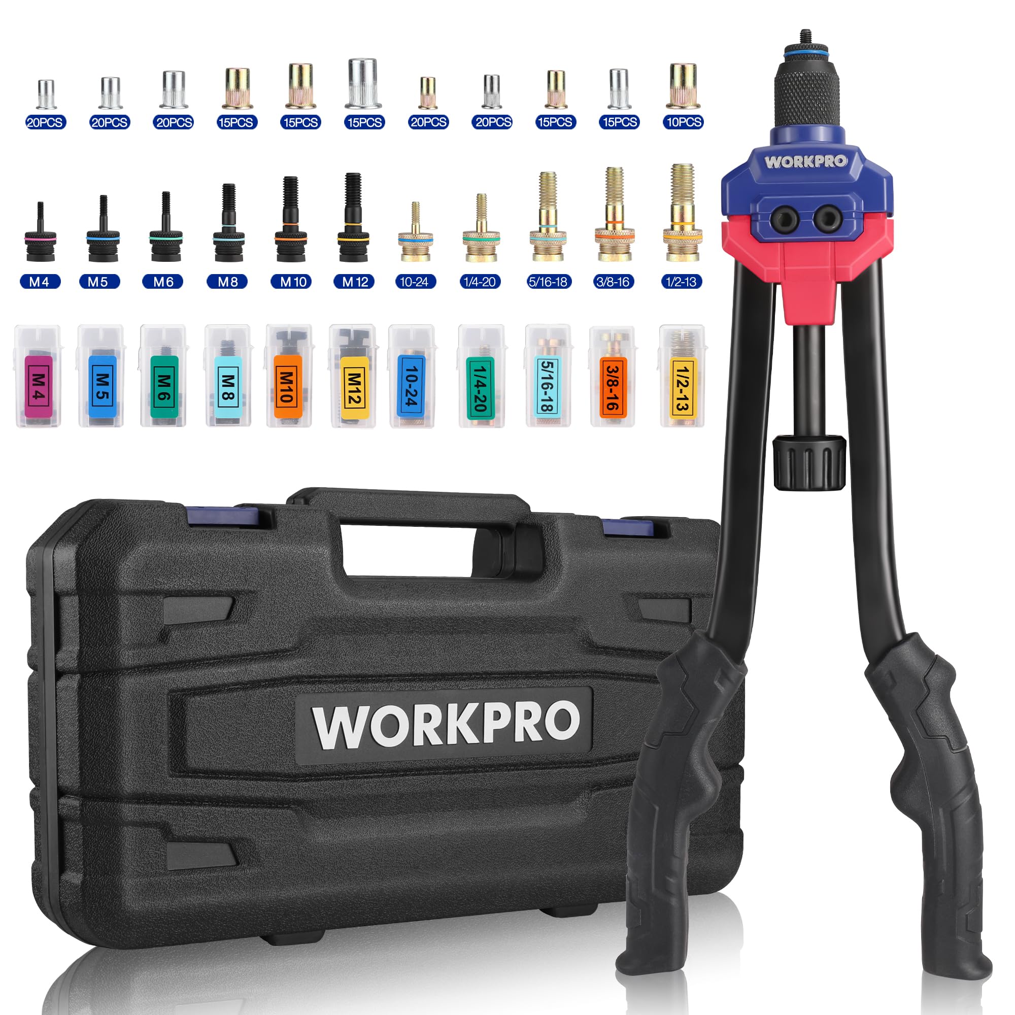 WORKPRO 16" Rivet Nut Tool, 11 Metric/SAE Quick-Change Mandrels & 185pcs Rivnuts Assortment Kit, Threaded Rivnut Tool Kit, Manual Riveter with Carrying Case