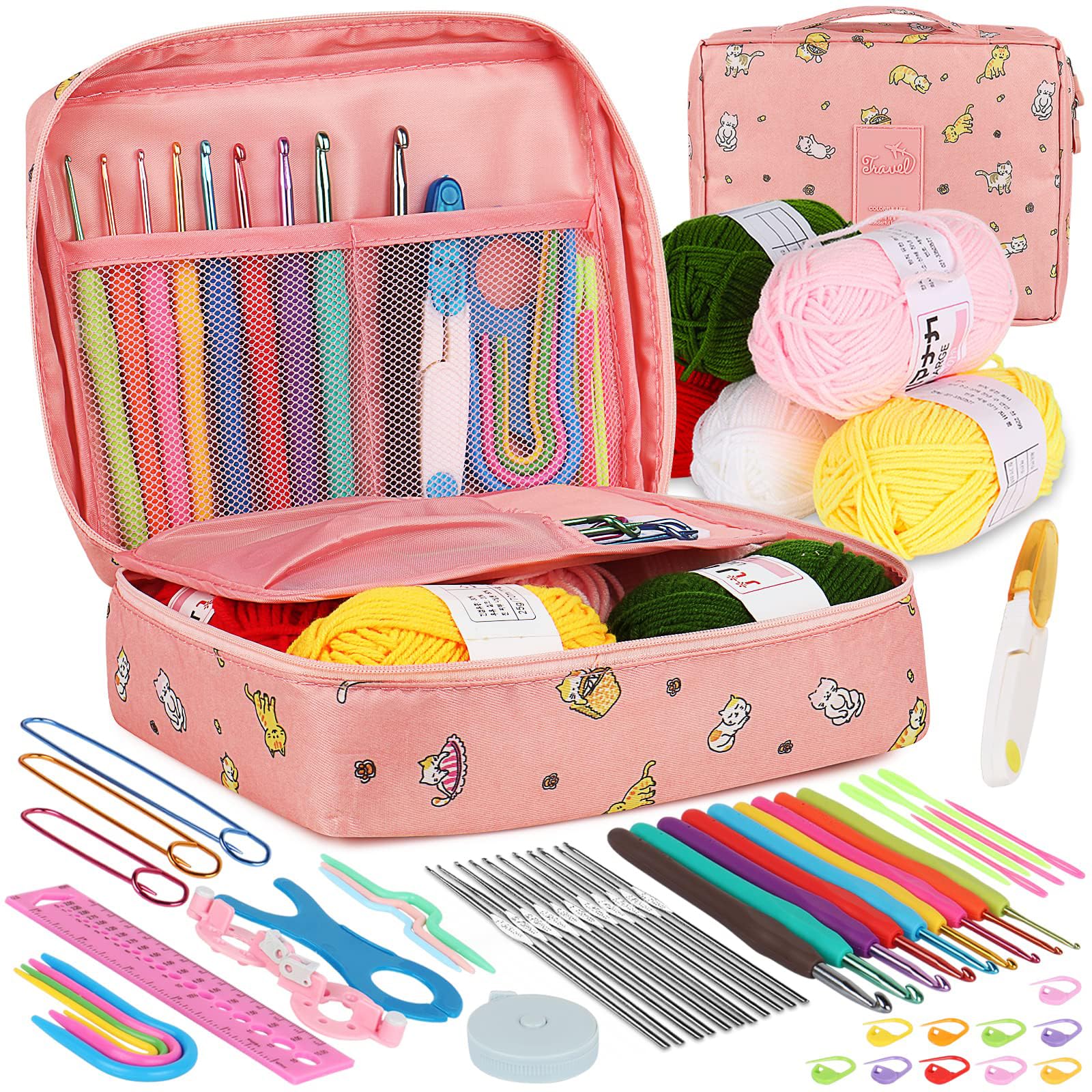 NAWOKEENY Crochet Kit for Beginners Adults, Knitting Starter Kit, Crochet Starter Kit with Case, Crochet Hook Set with Crochet Yarn and Crochet Accessories, Beginner Crochet Yarn Kit (Pink Cat)