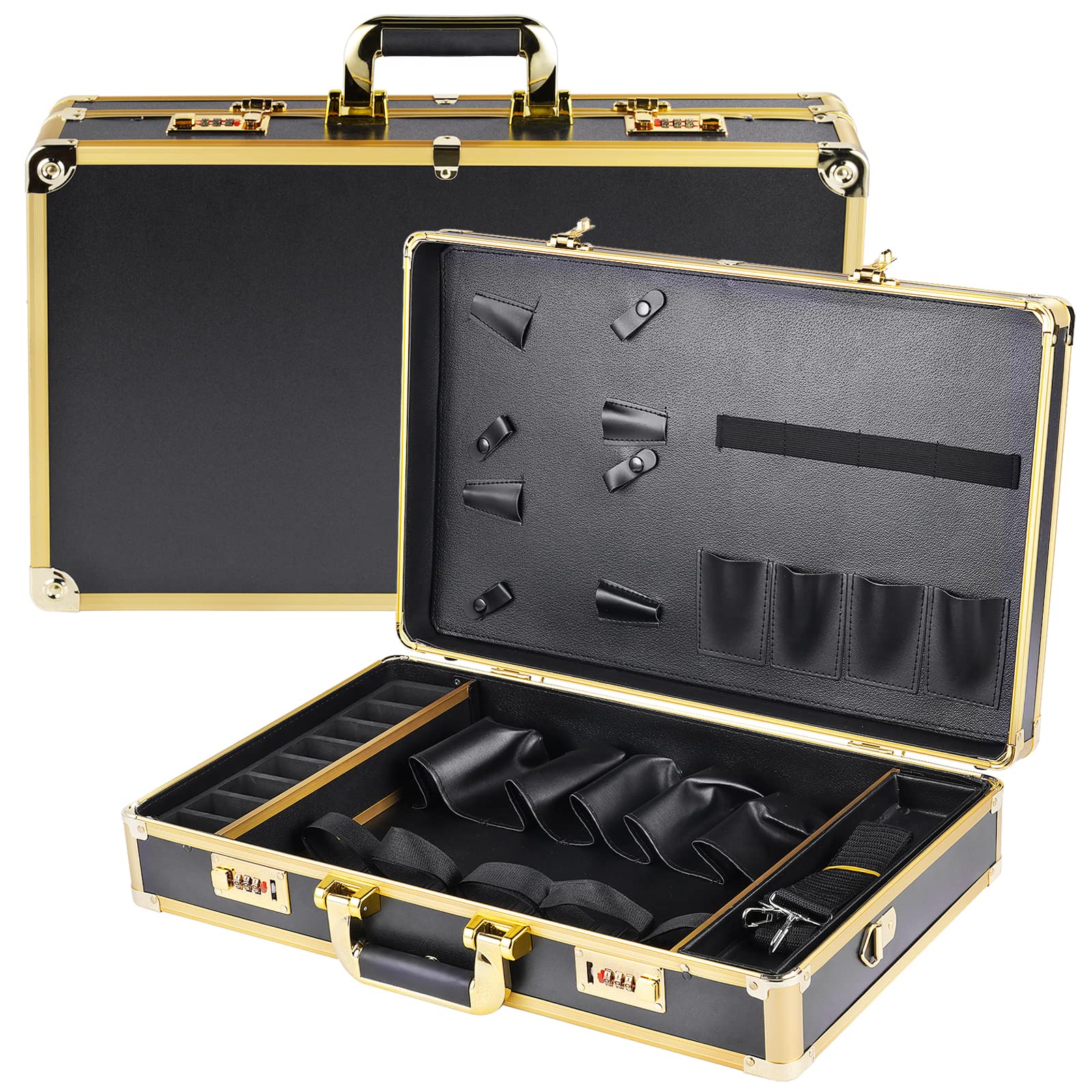 Professional Barber Case, Stylist Tool Box Organizer 22 x 13 x 3.9 inch Barber Box with Shoulder Strap for Clippers, Scissors, Barber Supplies (Gold)