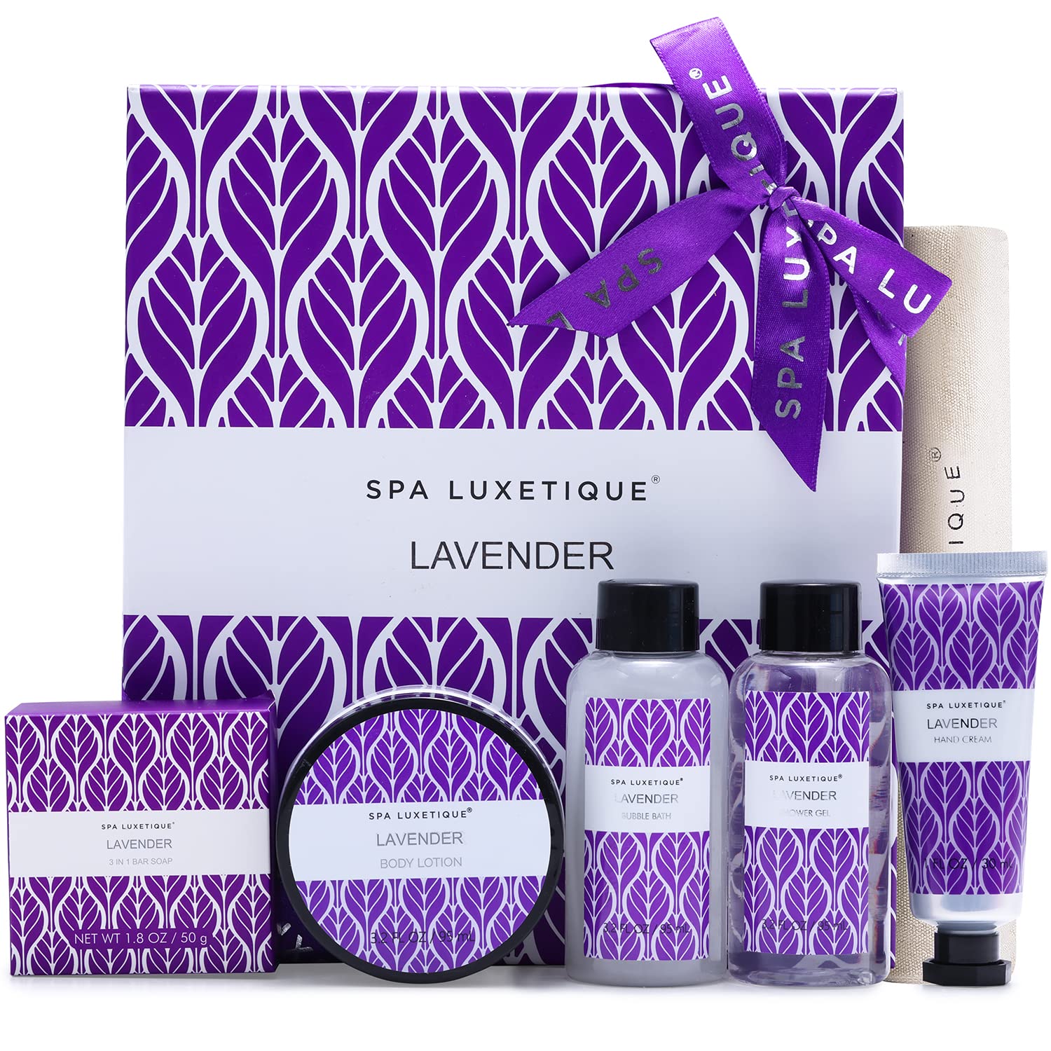 Spa Luxetique Spa Gift Baskets, Spa Gift Box, Lavender Bath Set, 6 Pcs Home Spa Set Includes Body Lotion, Shower Gel, Bubble Bath, Hand Cream, Travel Bag. Best Gift Sets for Women.