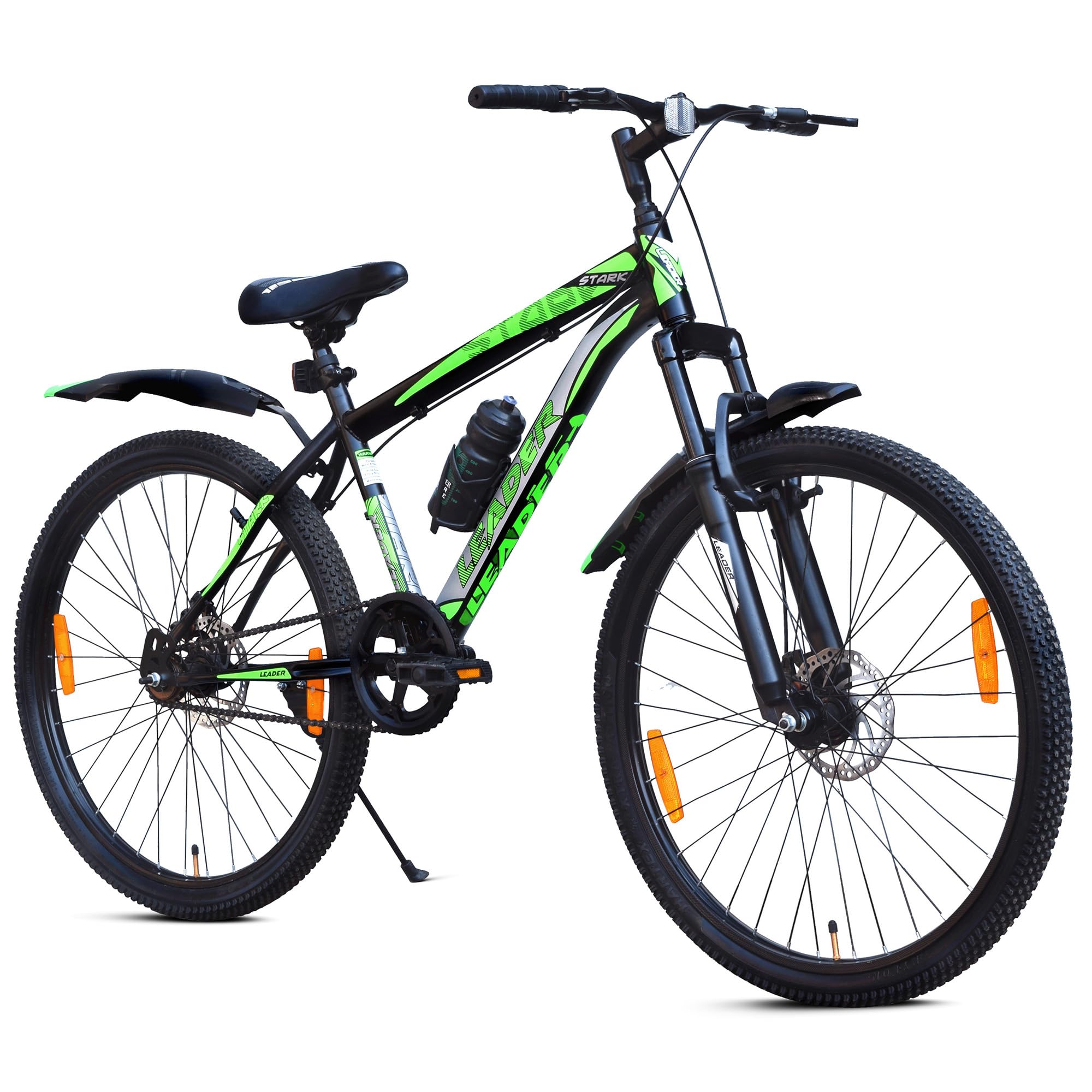 Leader Stark 27.5T MTB Cycle/Bike with Dual Disc Brake and Front Suspension Single Speed for Men - Matt Black/Green Ideal for 15+ Years | Frame: 19 Inches