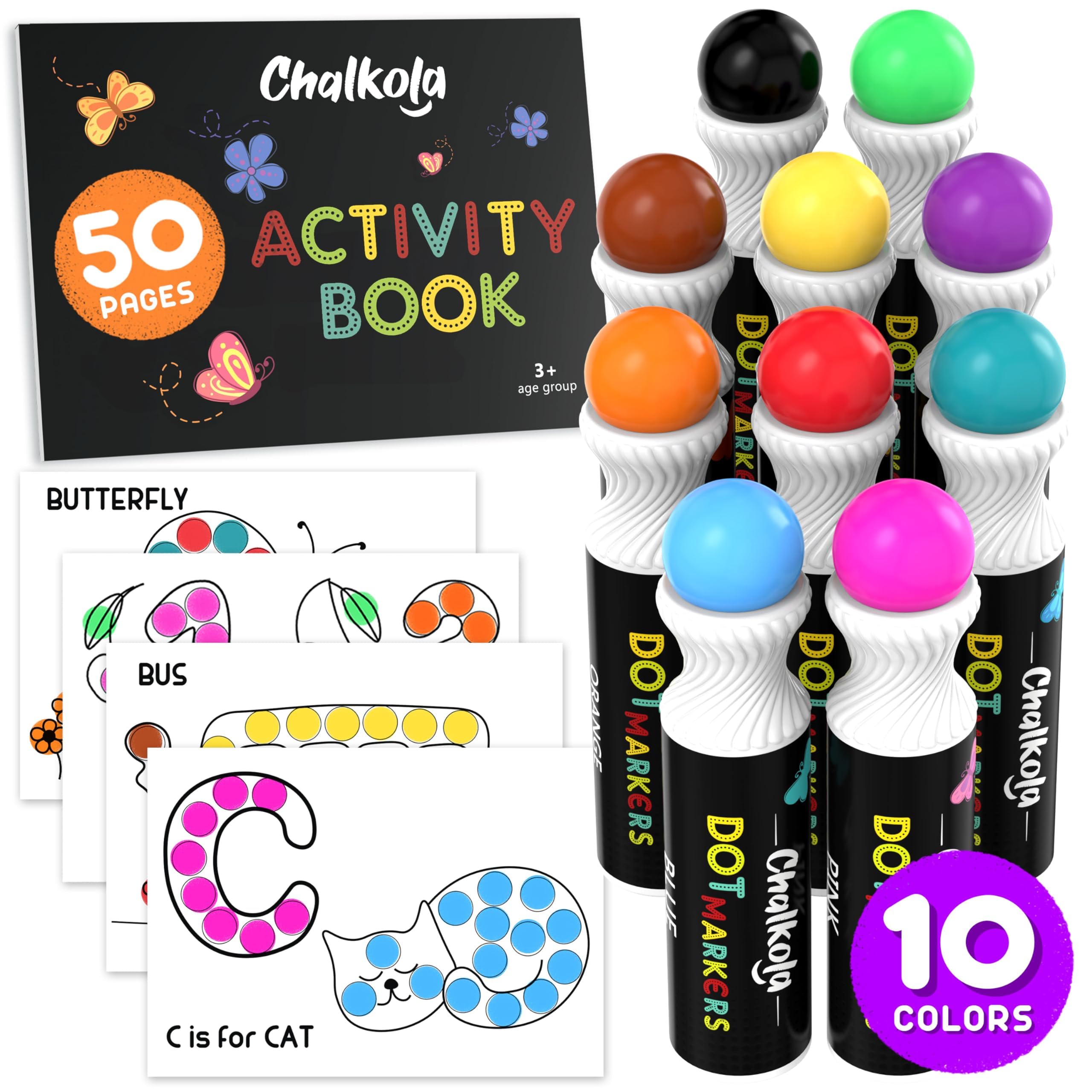 Chalkola 10 Washable Dot Markers for Toddlers with Free Activity Book - Dot Paints for Toddlers, Bingo Markers | Dot Art Kits for Kids & Preschool, Dabbers Dot Paint Marker | Dot Pens Toddler Supplies