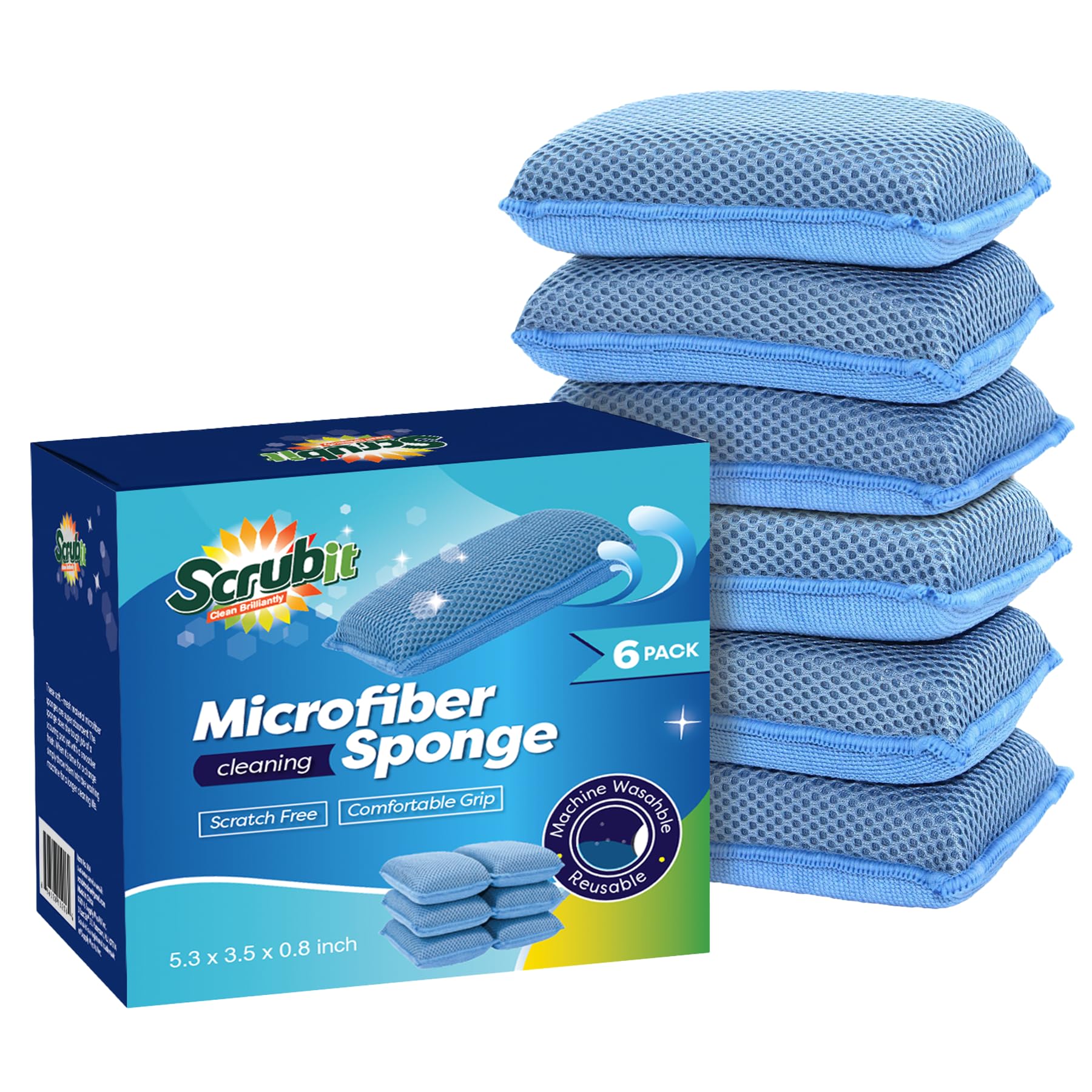 Miracle Microfiber Kitchen Sponge by Scrub-It (6 Pack) - Non-Scratch Heavy Duty Dishwashing Cleaning sponges- Machine Washable - (Blue)