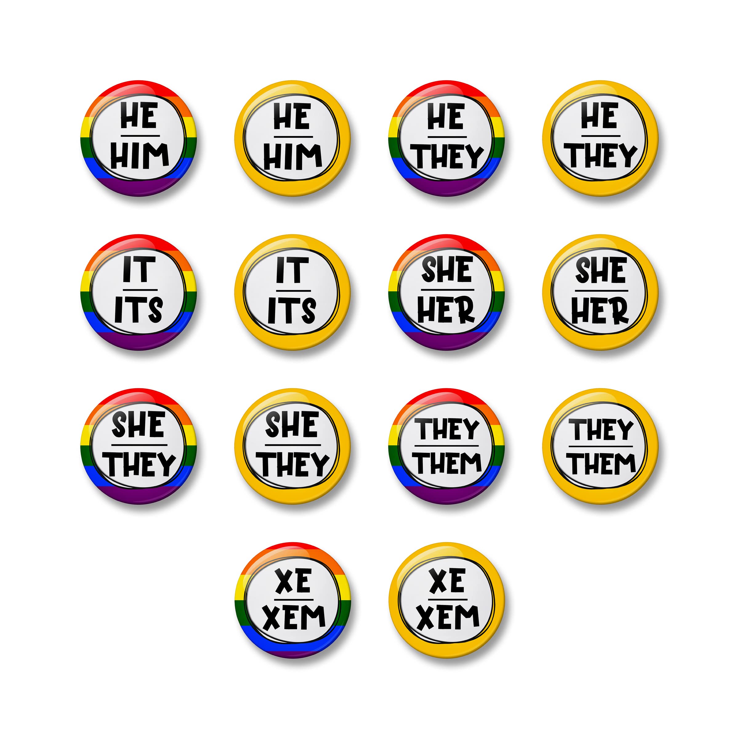 Pronouns Pin Button Badge Pinback, 32mm, Pronoun Pin Badge - HE HIM, HE THEY, IT ITS, SHE HER, SHE THEY, THEY THEM, XE XEM Pin Button Badge, Gender Pronoun Badge, LGBTQ+, LGBT (Pack of 200)