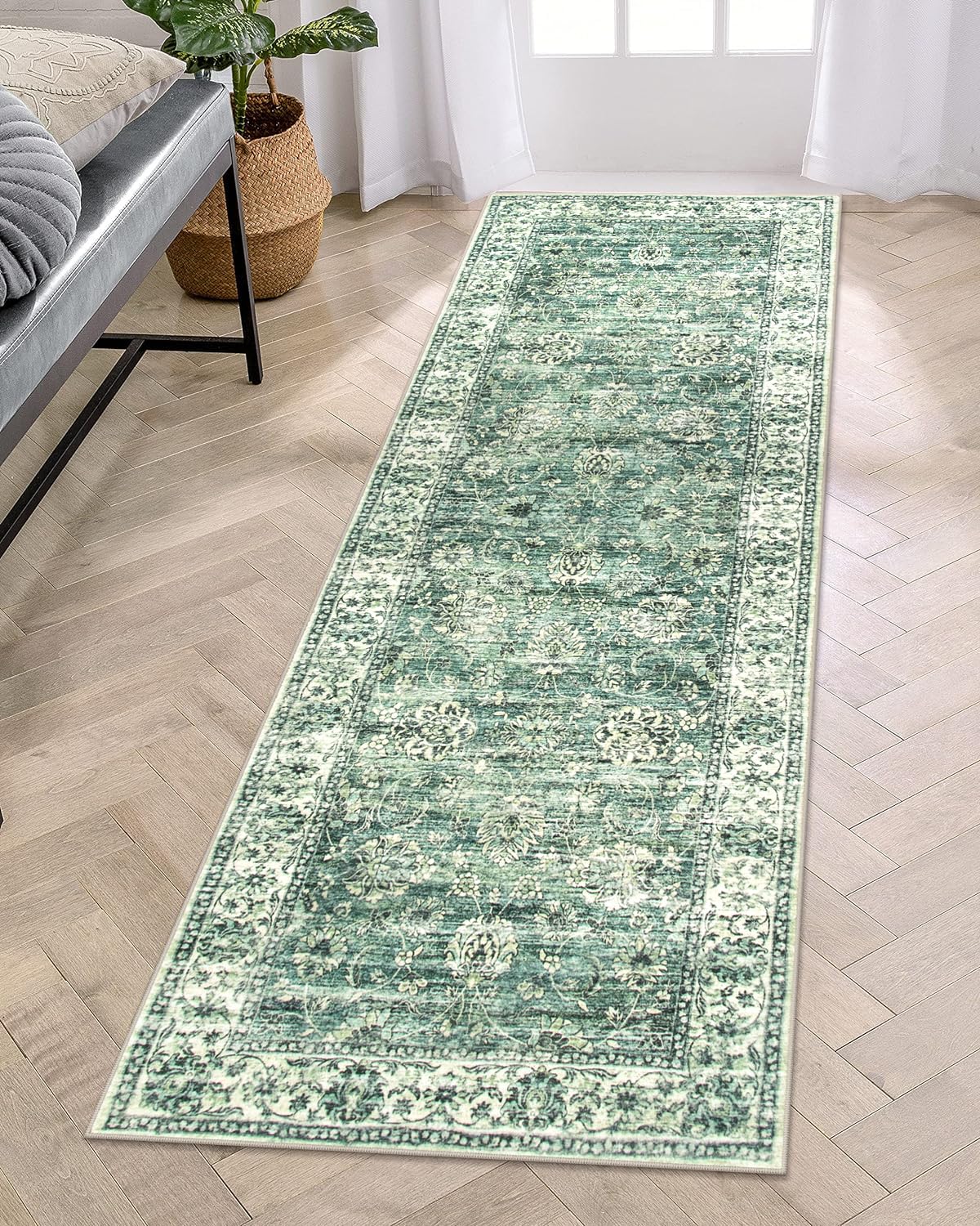 LIVEBOX Green Washable Runner Rug - 2x6 Runner Rug Non Slip Hallway Runner Rug Kitchen Runner Rugs with Rubber Backing, Vintage Floral Soft Long Carpet Runners for Indoor Bedroom Laundry Entryway