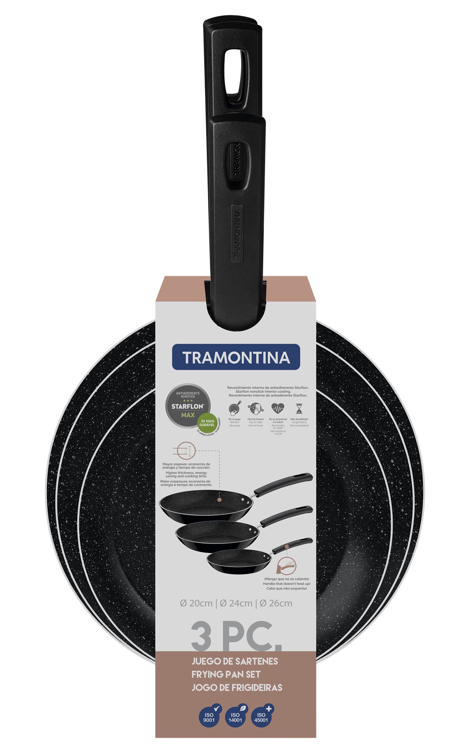 Tramontina Chelsea 3 Pieces Black Aluminum Frying Pan Set with Interior and Exterior Starflon Max PFOA Free Nonstick Coating 20cm + 24cm + 26cm