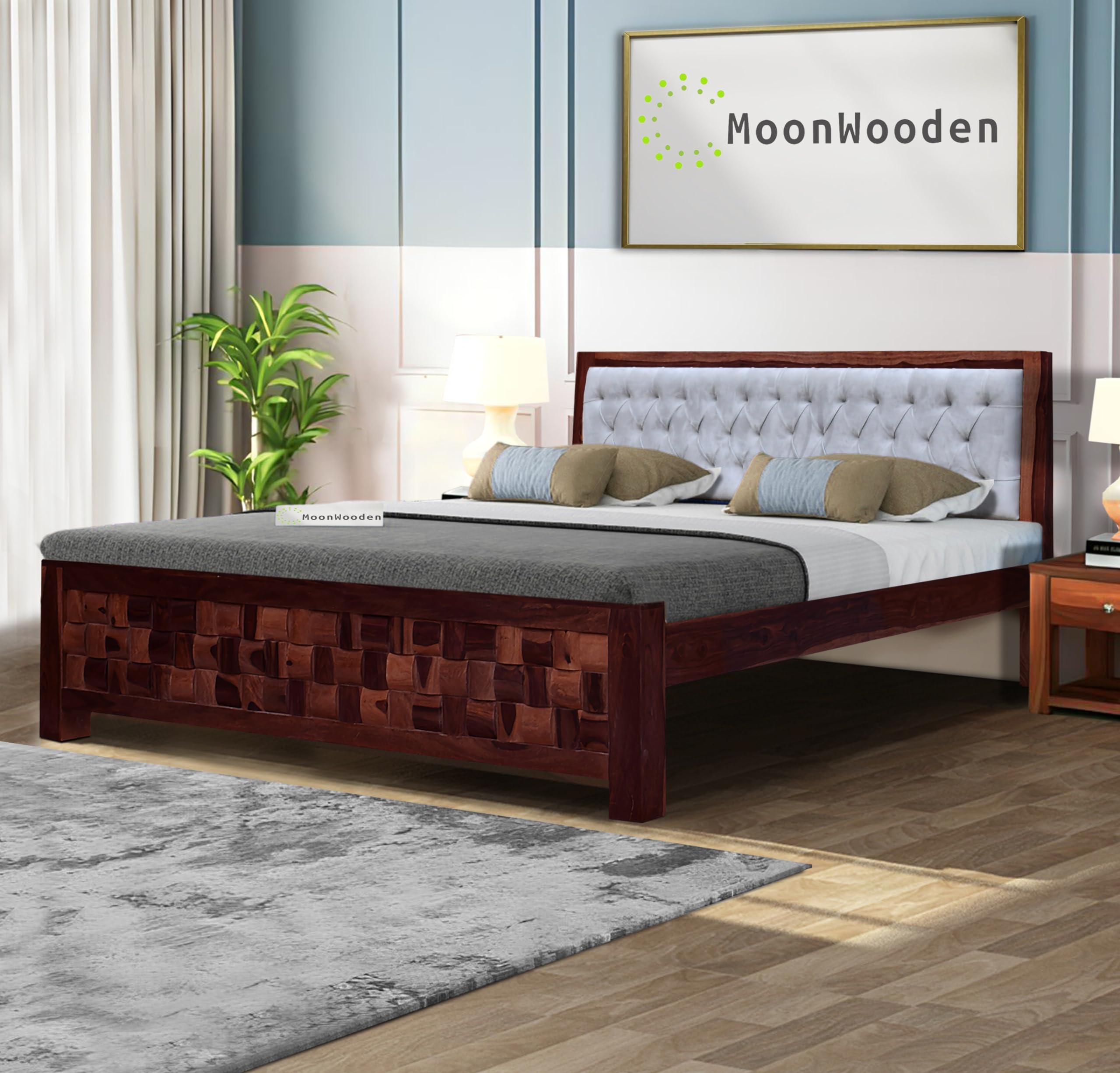 MoonWooden Solid Sheesham Wood King Size Bed Without Storage | Wooden Double Bed Cot Bed & Greyish Upholstered Cushioned Headboard for Bedroom | Rosewood, Teak Finish