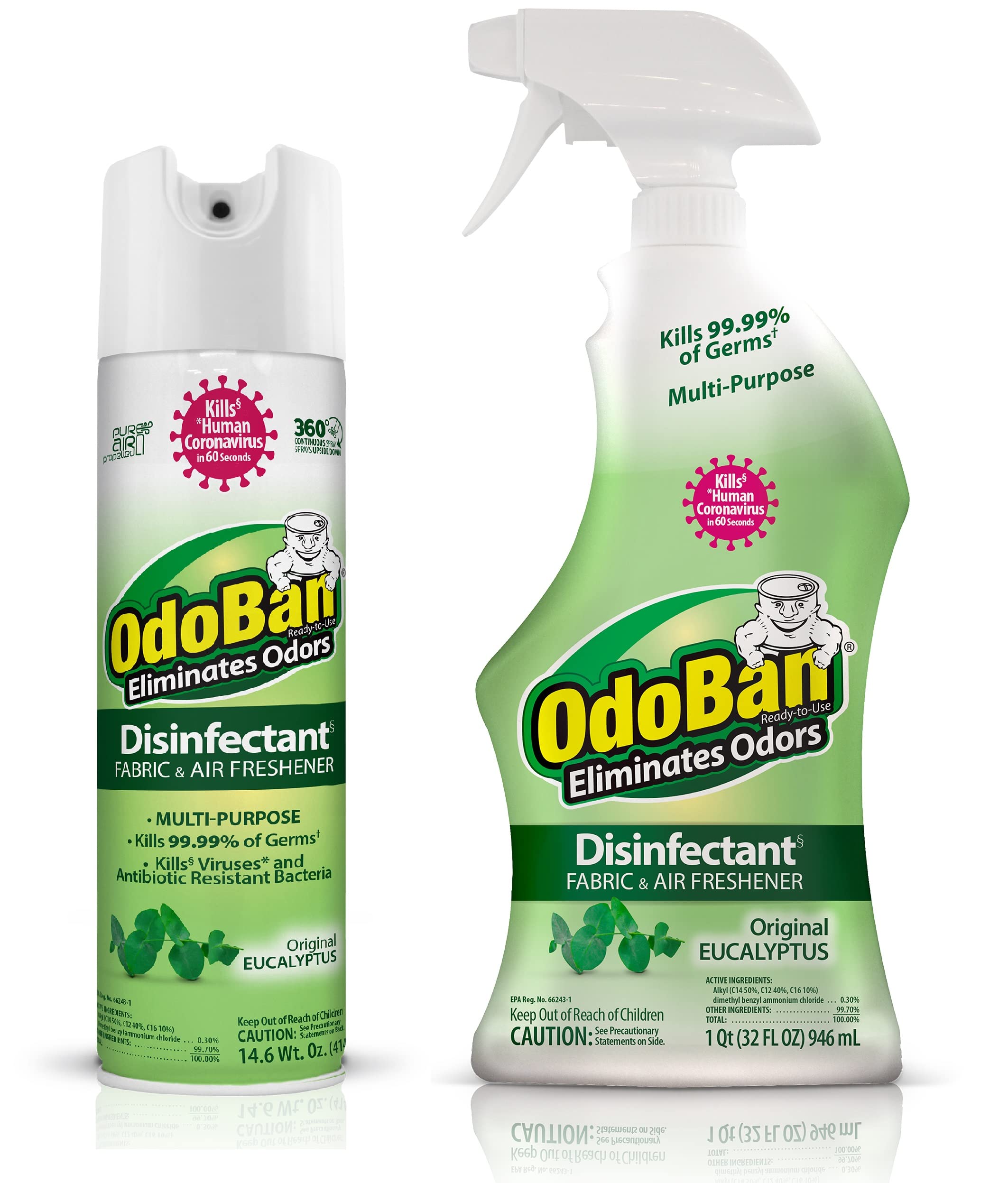 OdoBan Ready-to-Use Disinfectant and Odor Eliminator, Cleaner and Fabric/Air Freshener, Set of 2, 14.6 Ounce 360-Degree Continuous Spray and 32 Ounce Trigger Spray, Original Eucalyptus Scent