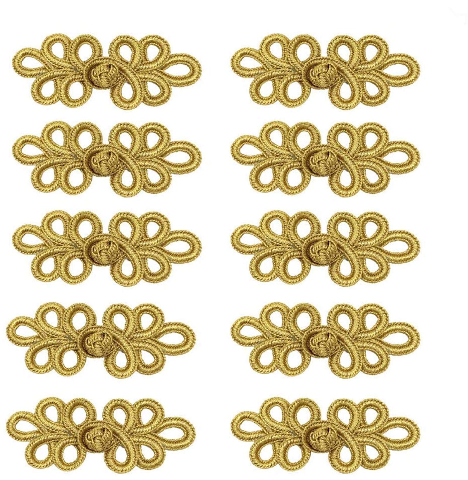 EvaGO 10 Pairs Chinese Knots Frog Buttons Closure Sewing Fasteners for Sweater Cloak Coats Scarf Cardigan and Costumes Outfit Sewing, Gold