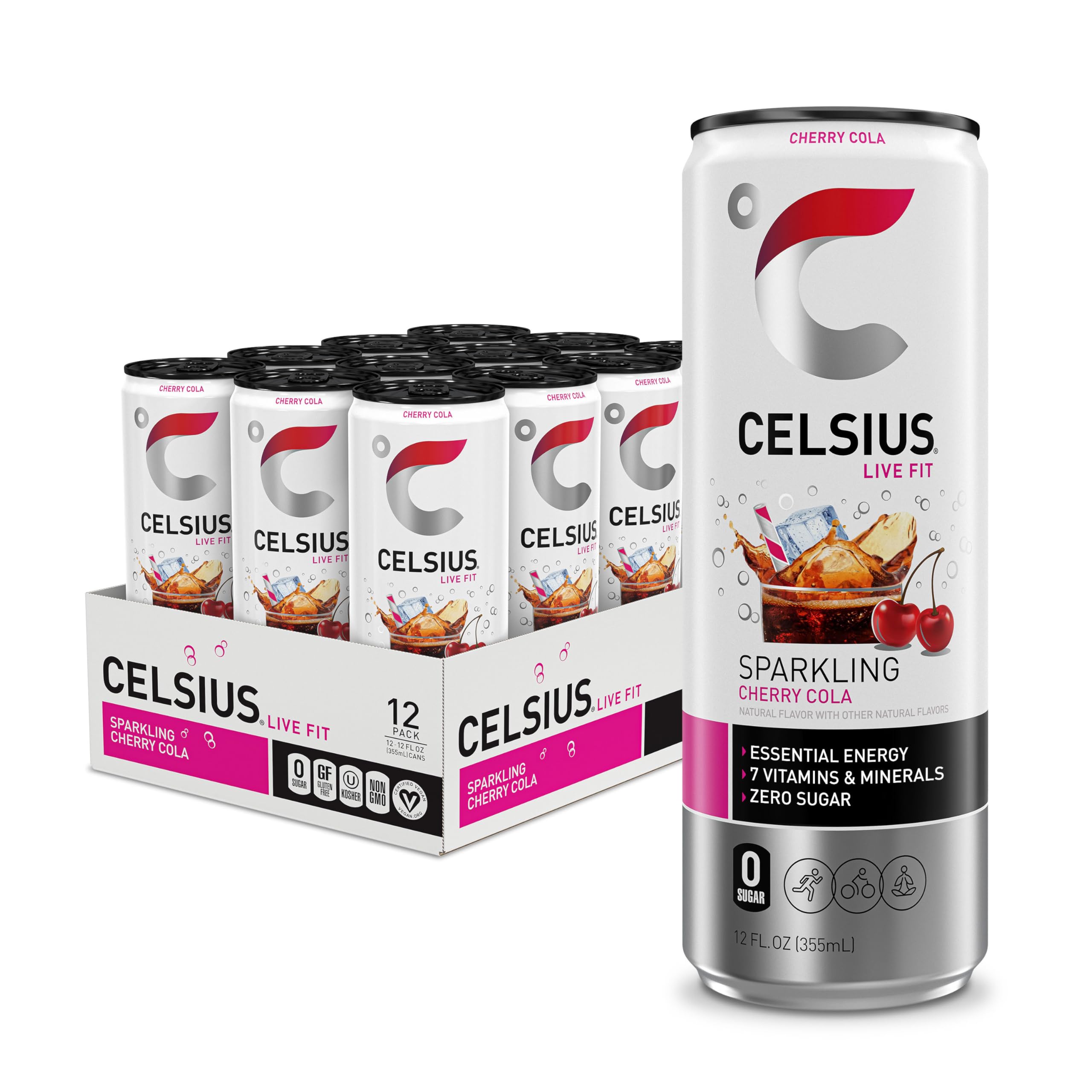 CELSIUSSparkling Cherry Cola, Functional Essential Energy Drink 12 Fl Oz (Pack of 12)