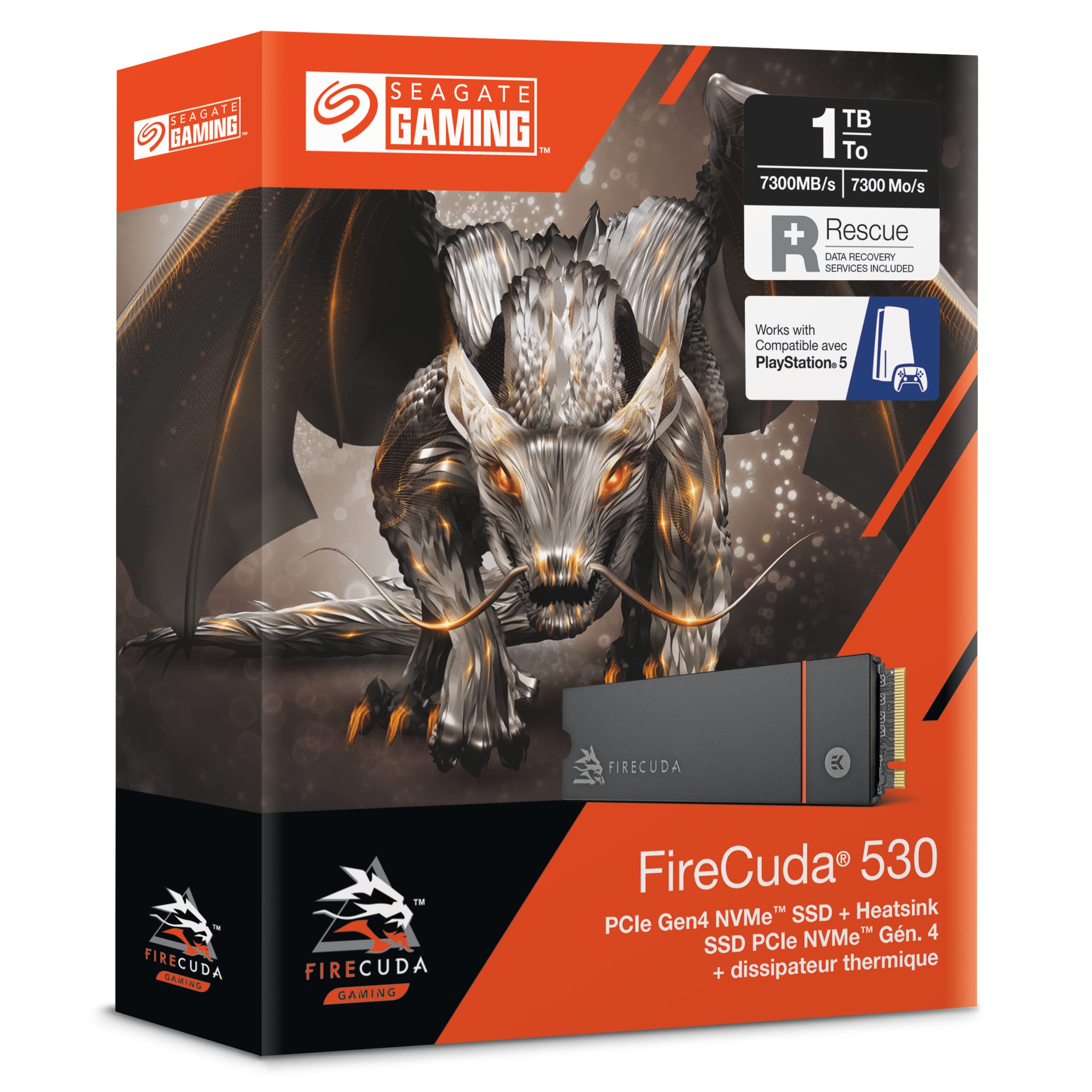 Seagate FireCuda 530, 1TB, Internal Solid State Drive - M.2 PCIe Gen4 ×4 NVMe 1.4, transfer speeds up to 7300 MB/s, 3D TLC NAND, 1275TBW, Heatsink (ZP1000GM3A023)