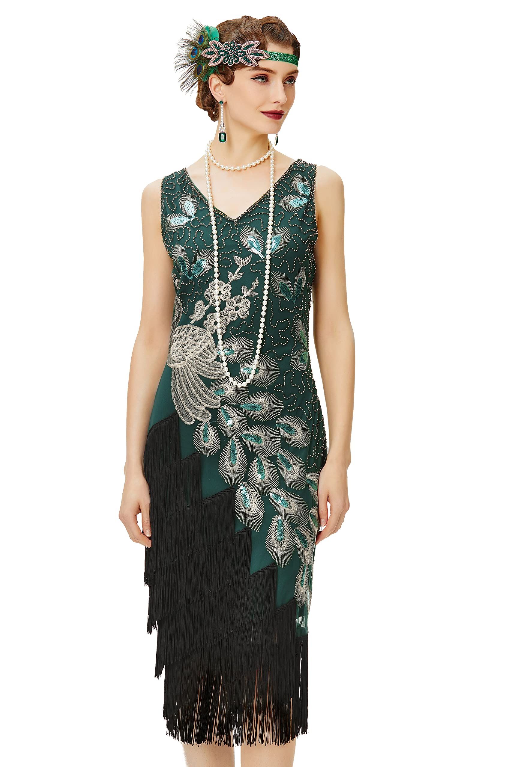 BABEYOND1920s Vintage Peacock Sequined Dress Gatsby Fringed Flapper Dress Roaring 20s Party Dress